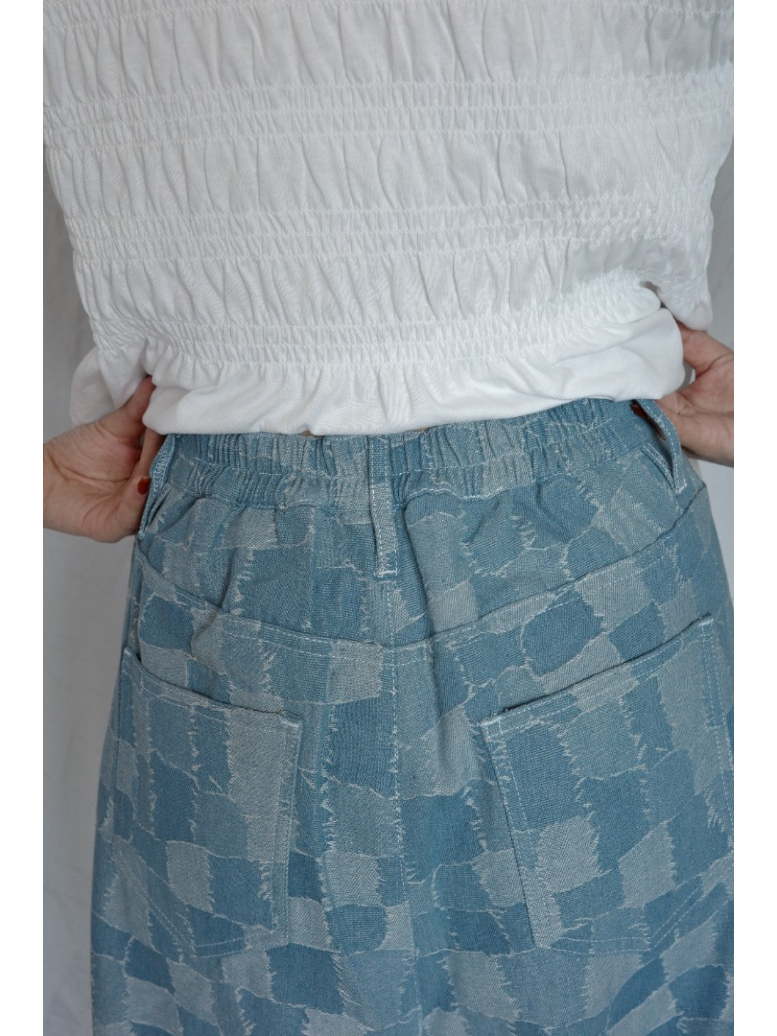 JP｜復古感拼布牛仔寬褲/淺藍