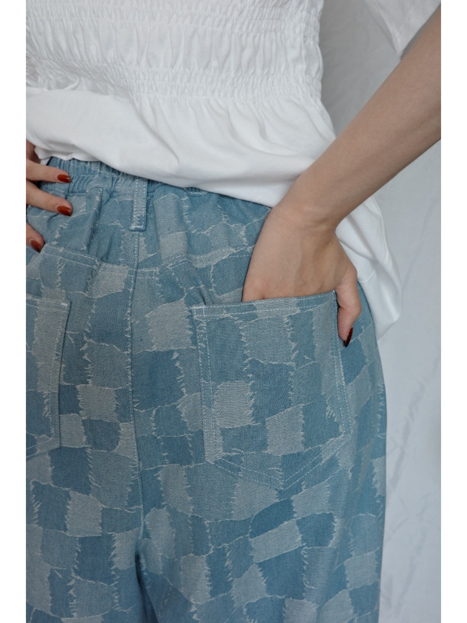 JP｜復古感拼布牛仔寬褲/淺藍