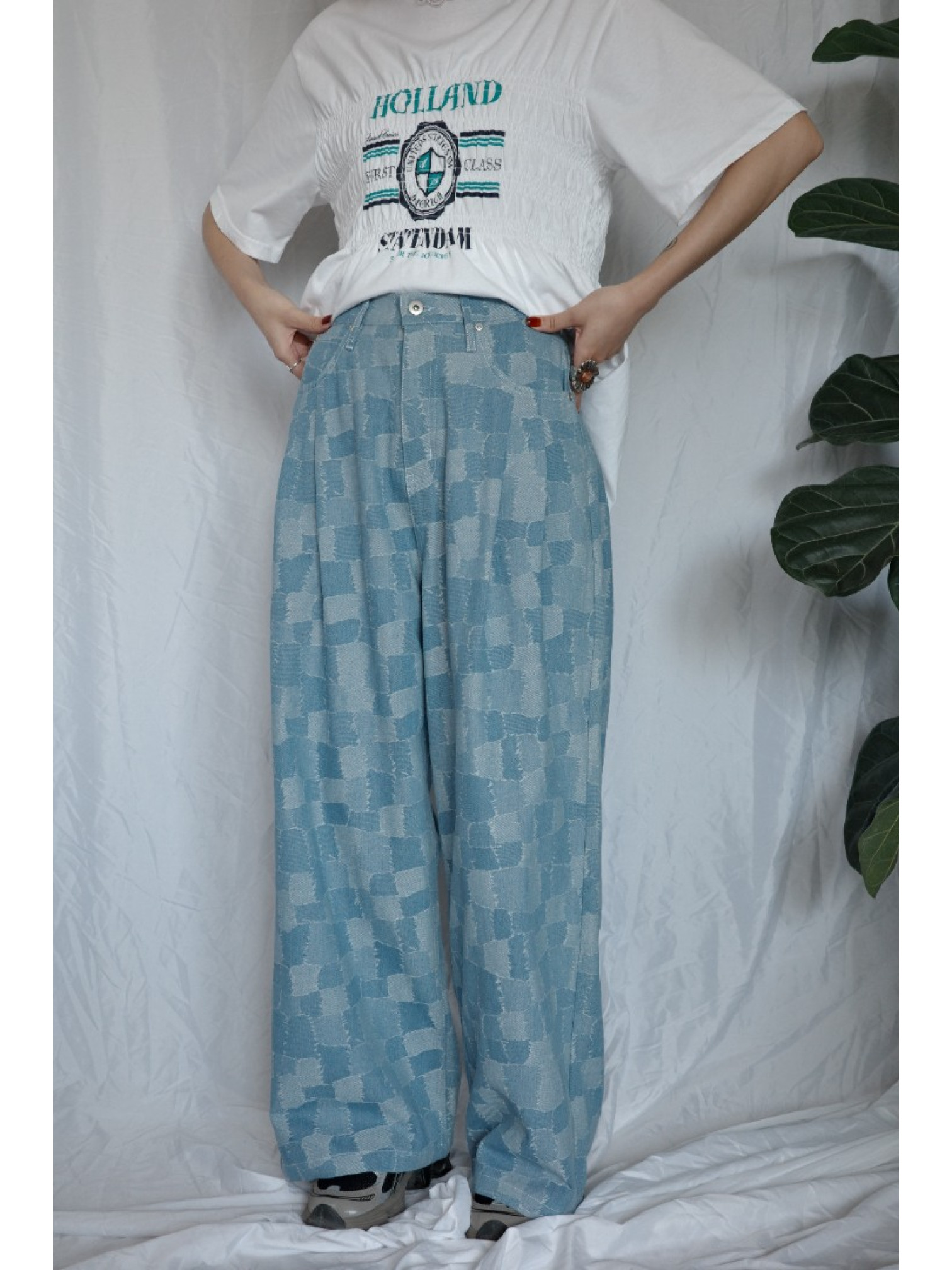 JP｜復古感拼布牛仔寬褲/淺藍