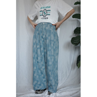 JP｜復古感拼布牛仔寬褲/淺藍