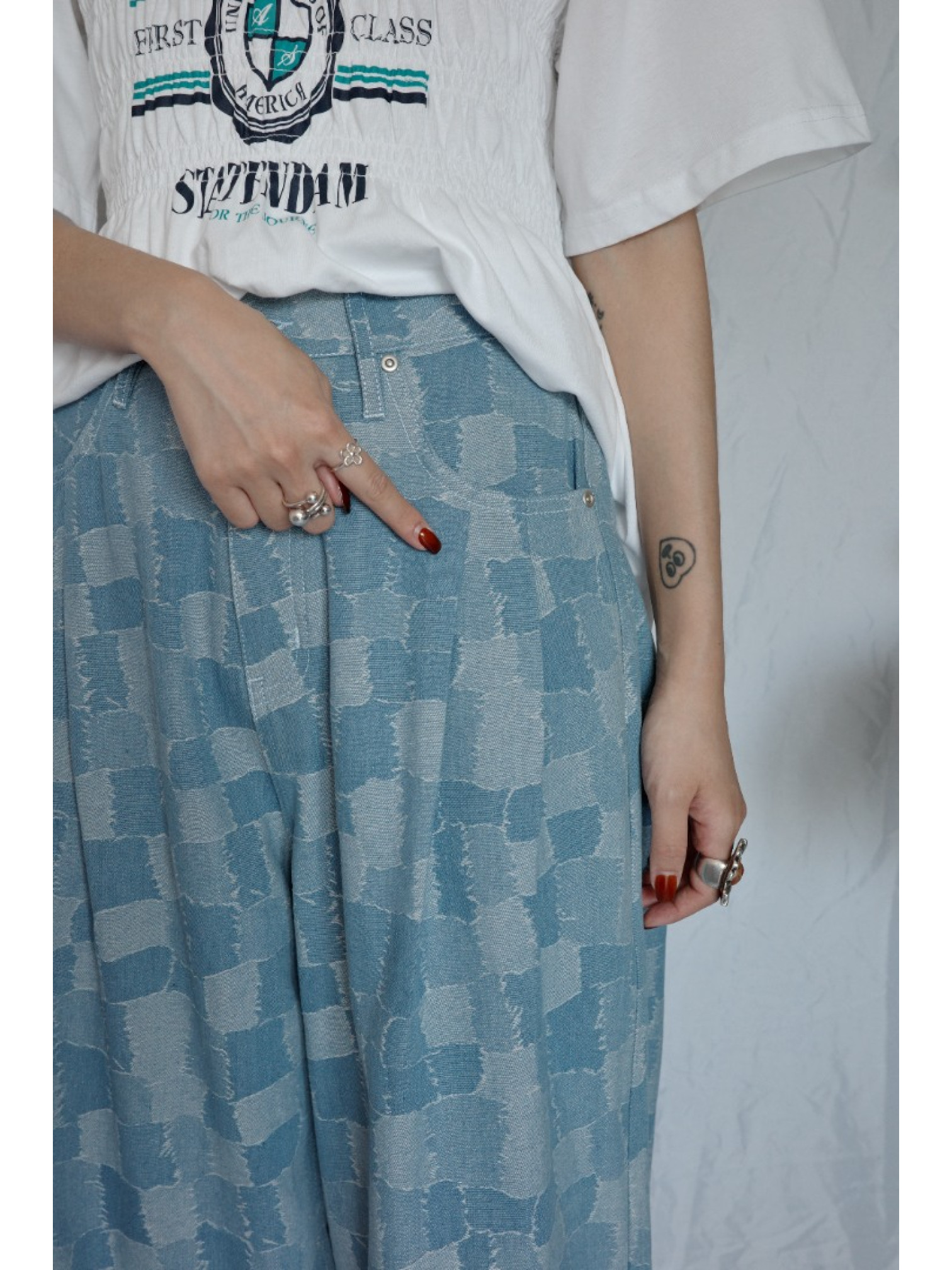 JP｜復古感拼布牛仔寬褲/淺藍