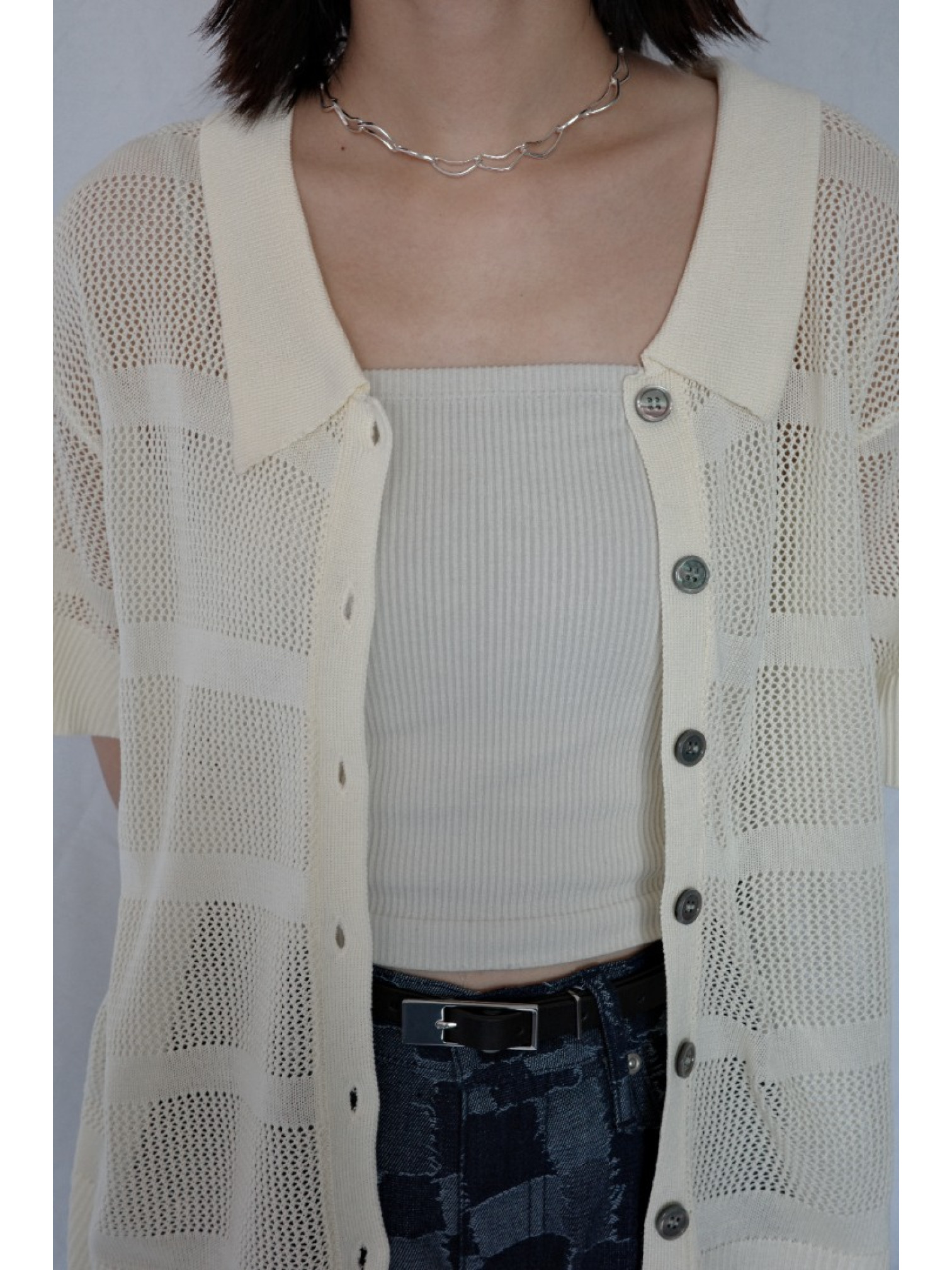 JP｜透感針織POLO衫/米白