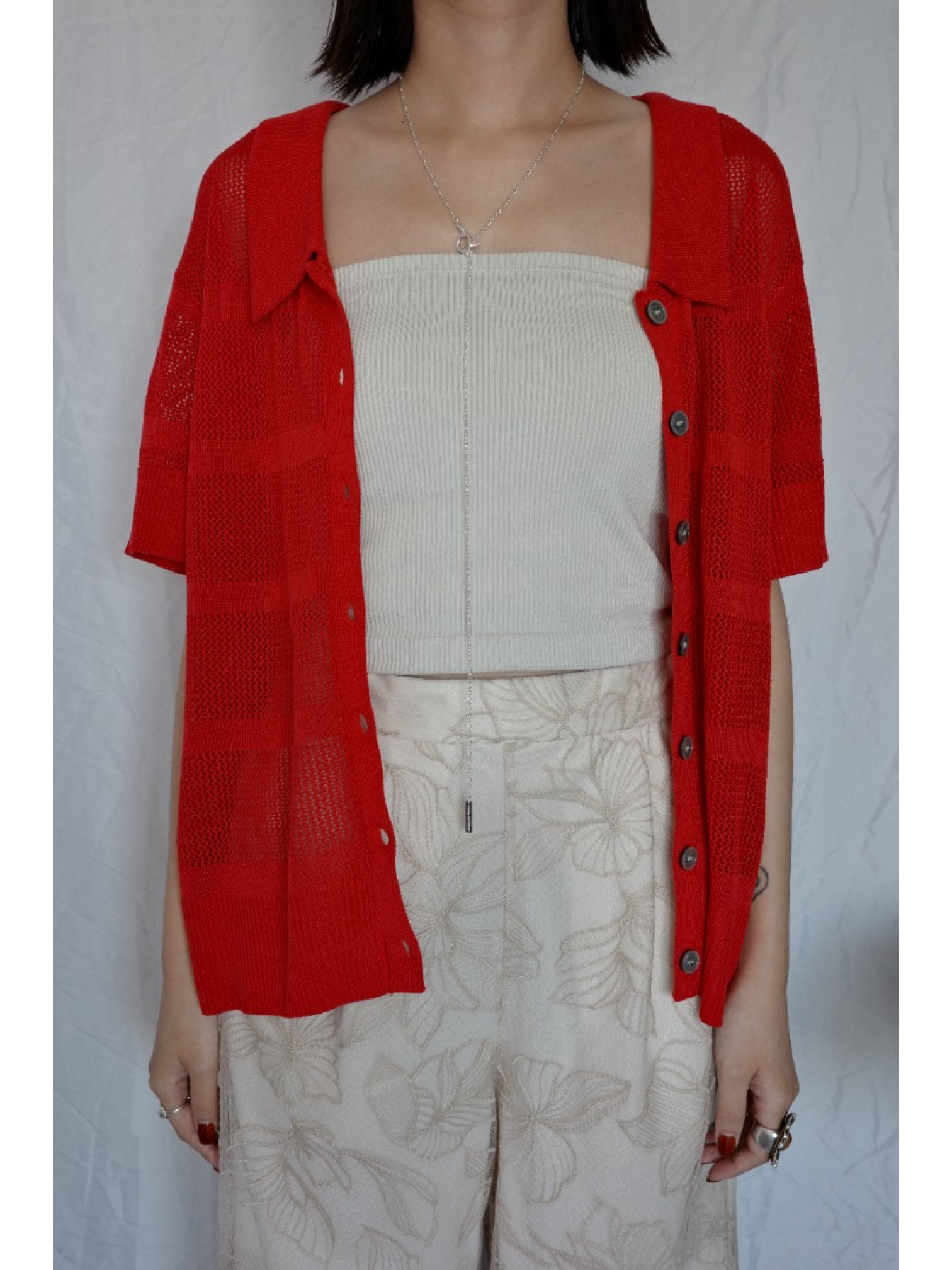 JP｜透感針織POLO衫/紅