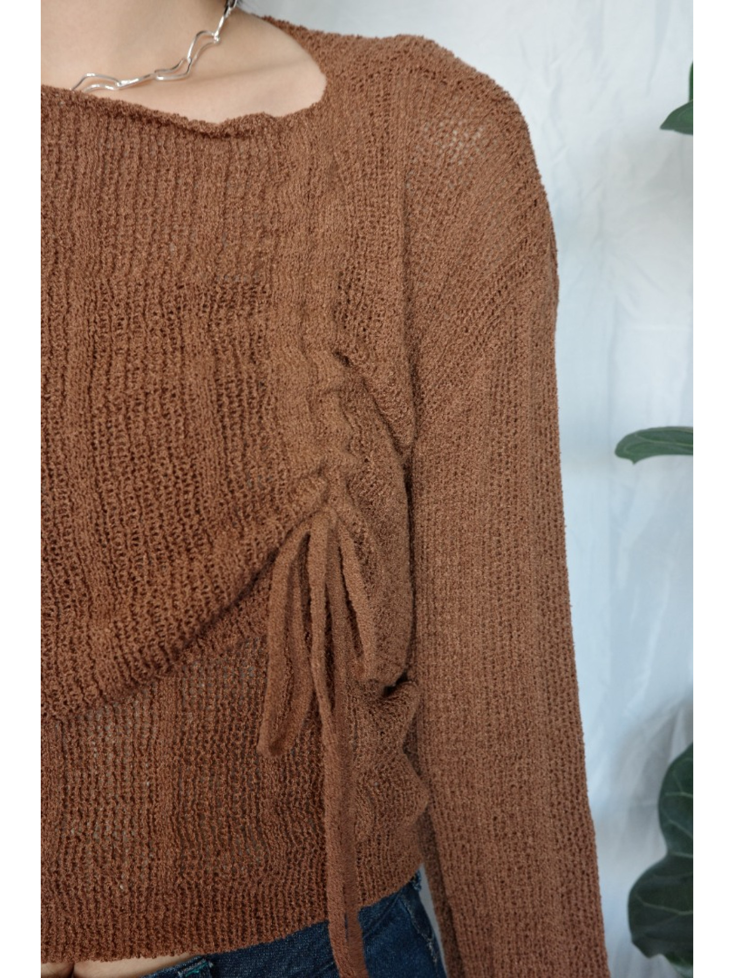 JP｜綁帶層次簍空上衣+背心兩件組/咖