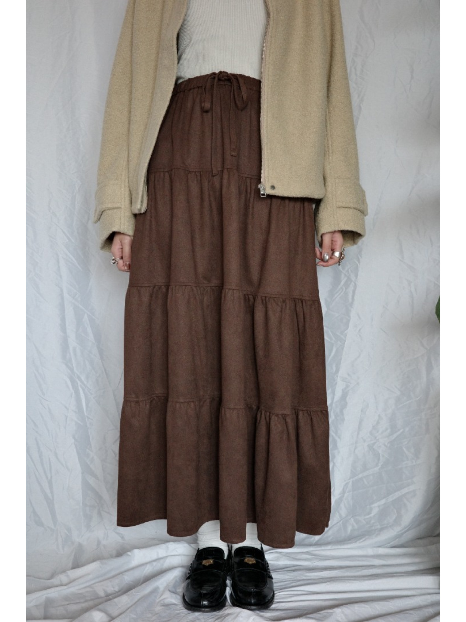 JP｜超舒適麂皮層次長裙/咖