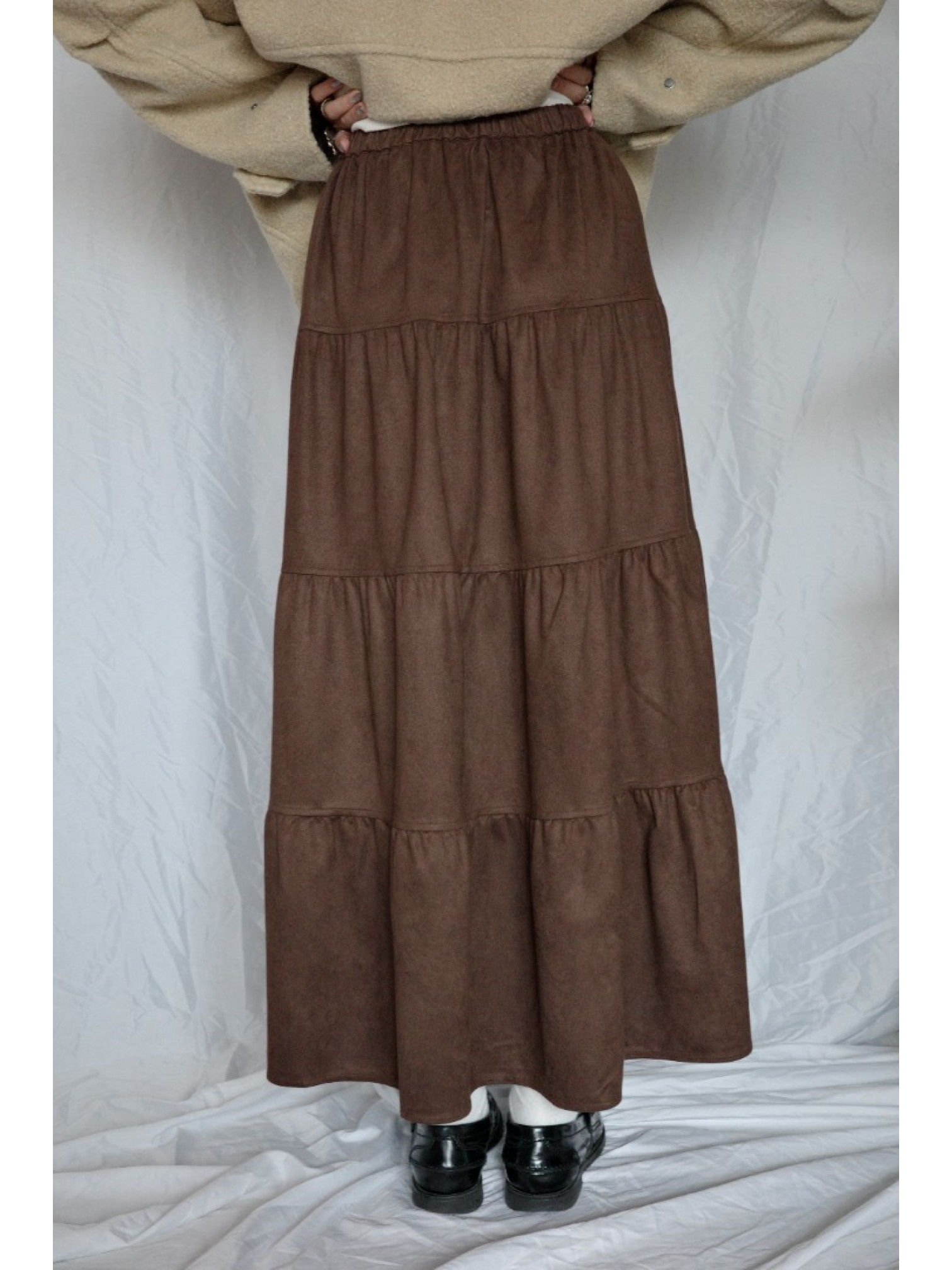 JP｜超舒適麂皮層次長裙/咖