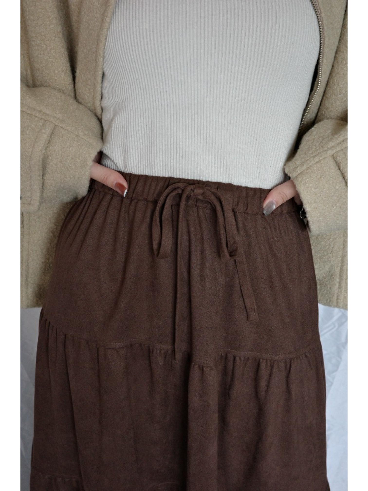 JP｜超舒適麂皮層次長裙/咖