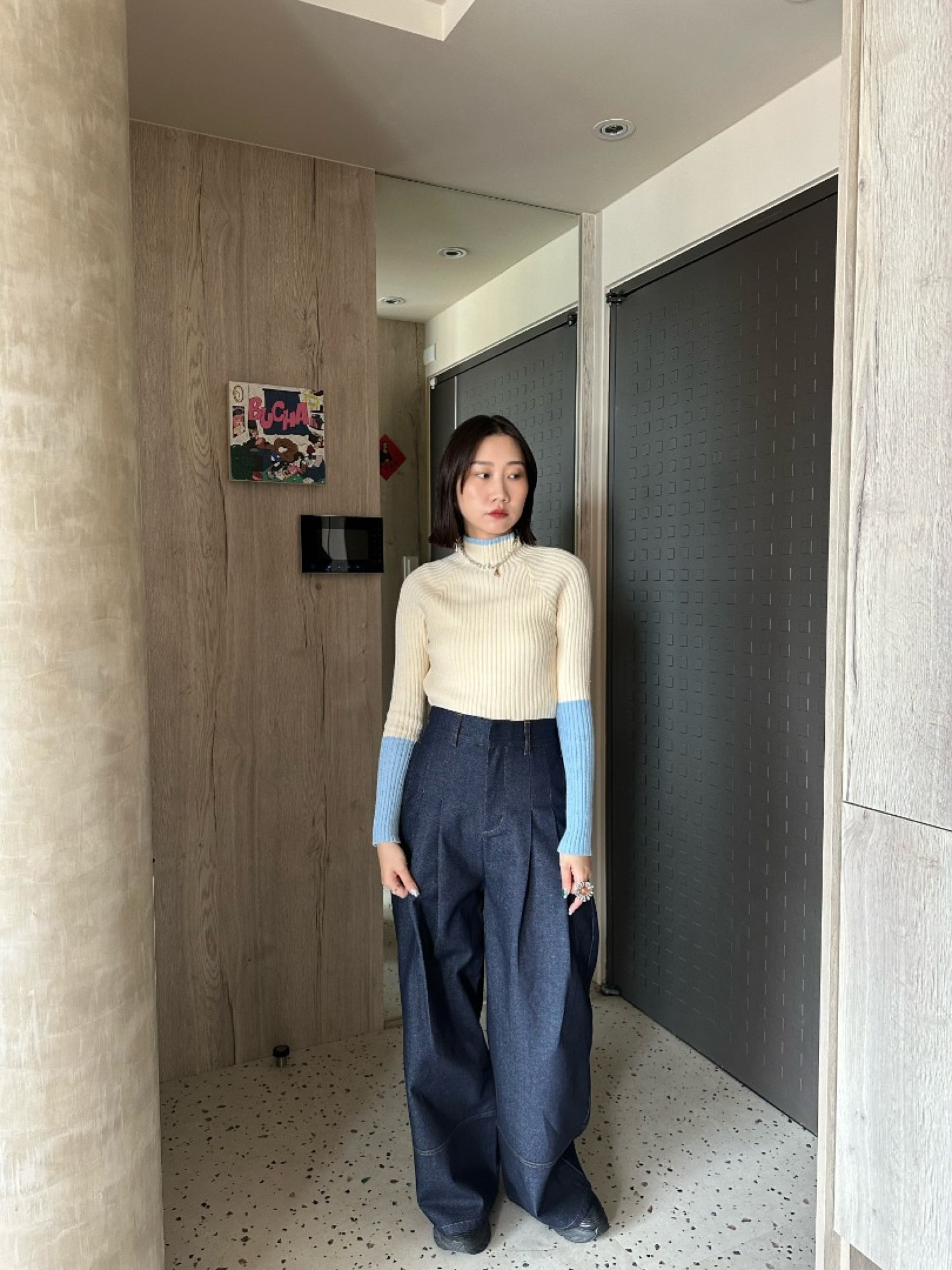 🇯🇵袖子撞色不對稱羅紋針織上衣/兩色