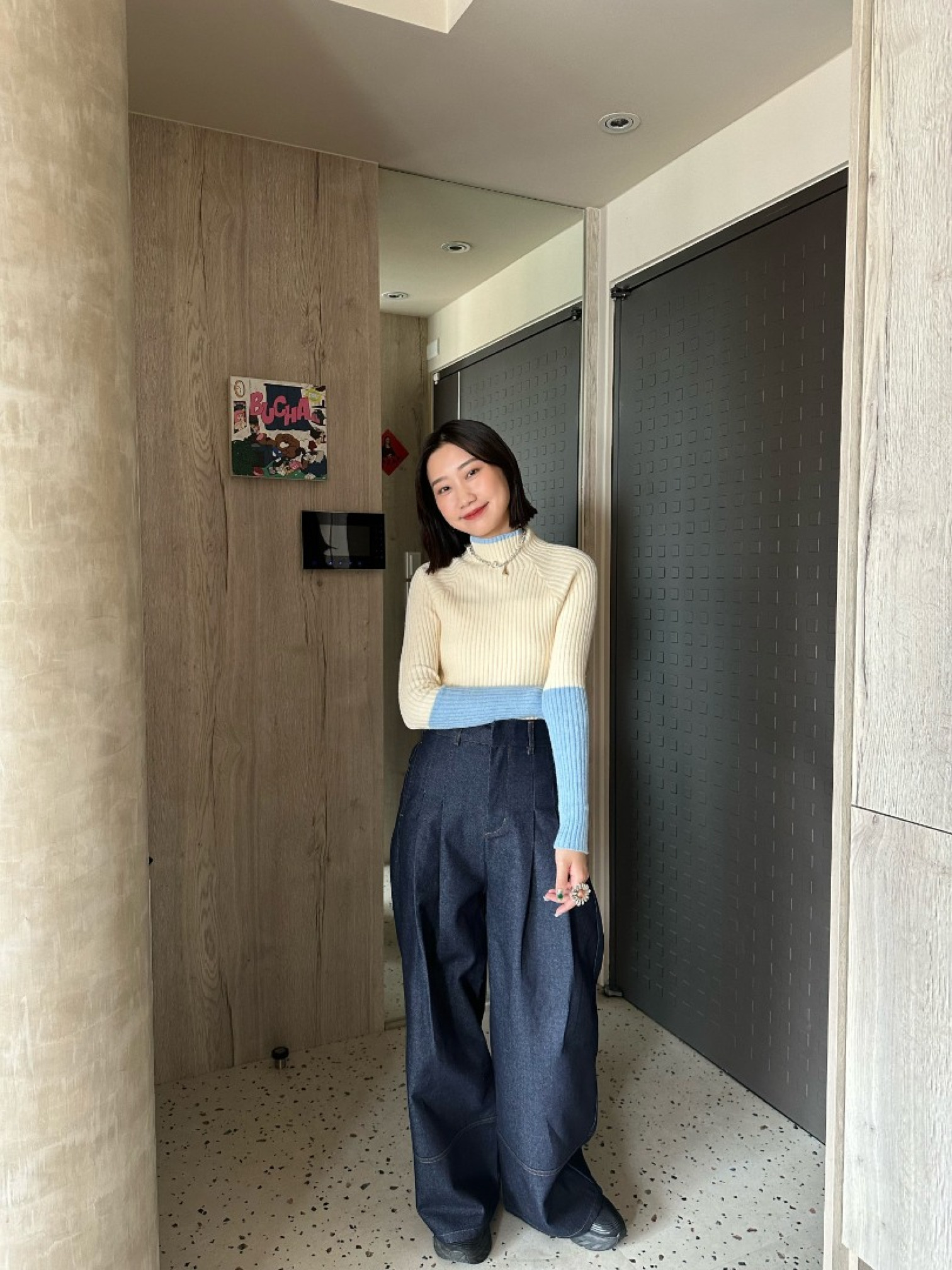 🇯🇵袖子撞色不對稱羅紋針織上衣/兩色