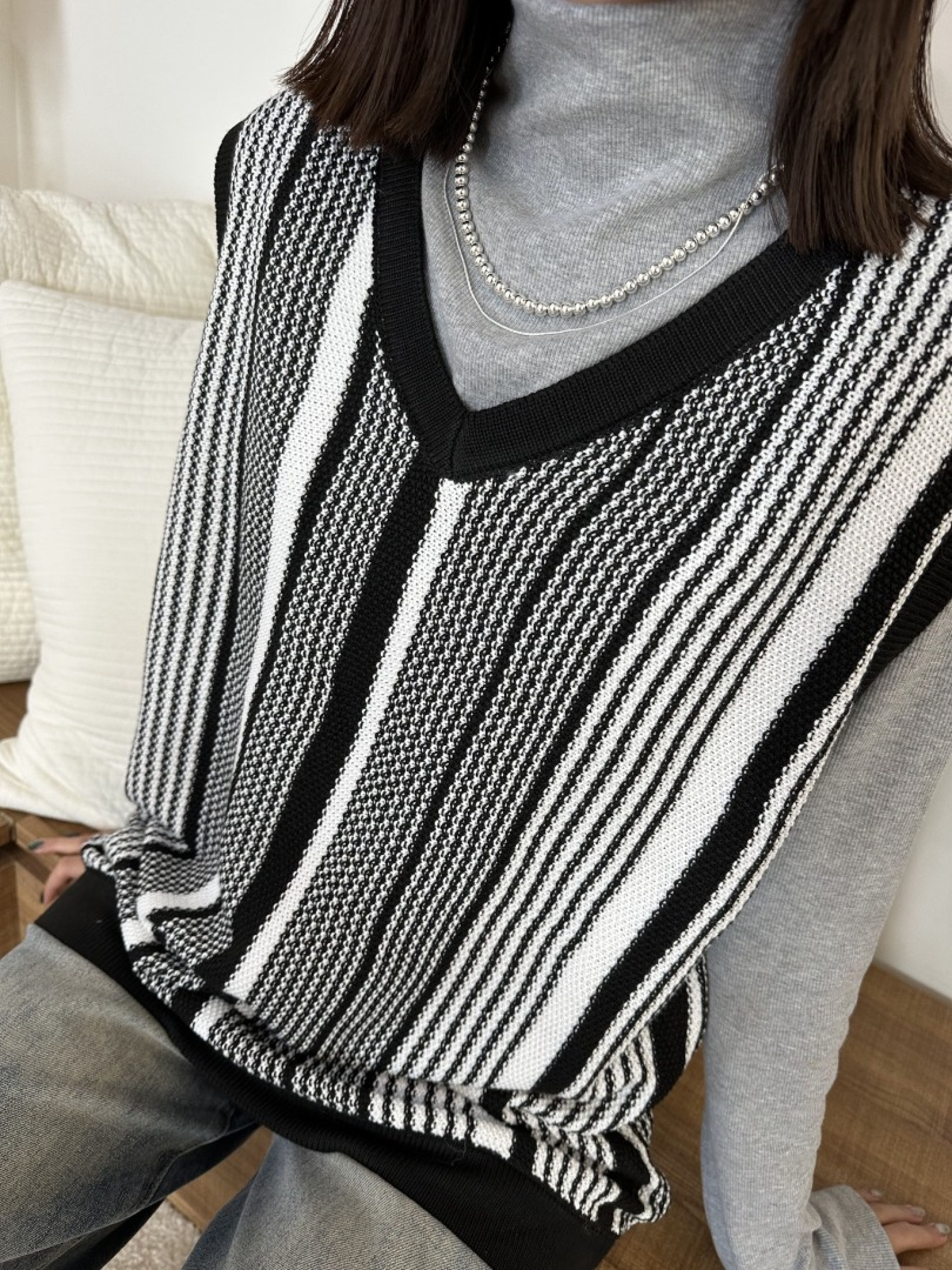 🇯🇵V領針織條紋背心/M