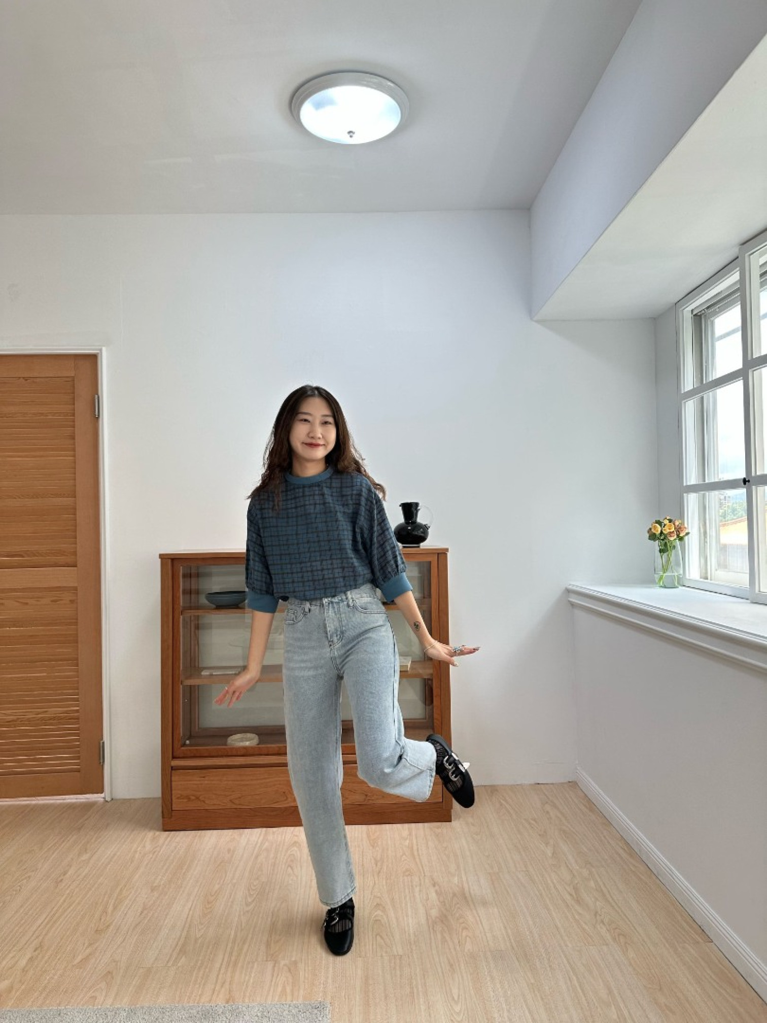 🇯🇵六分袖格紋上衣/藍