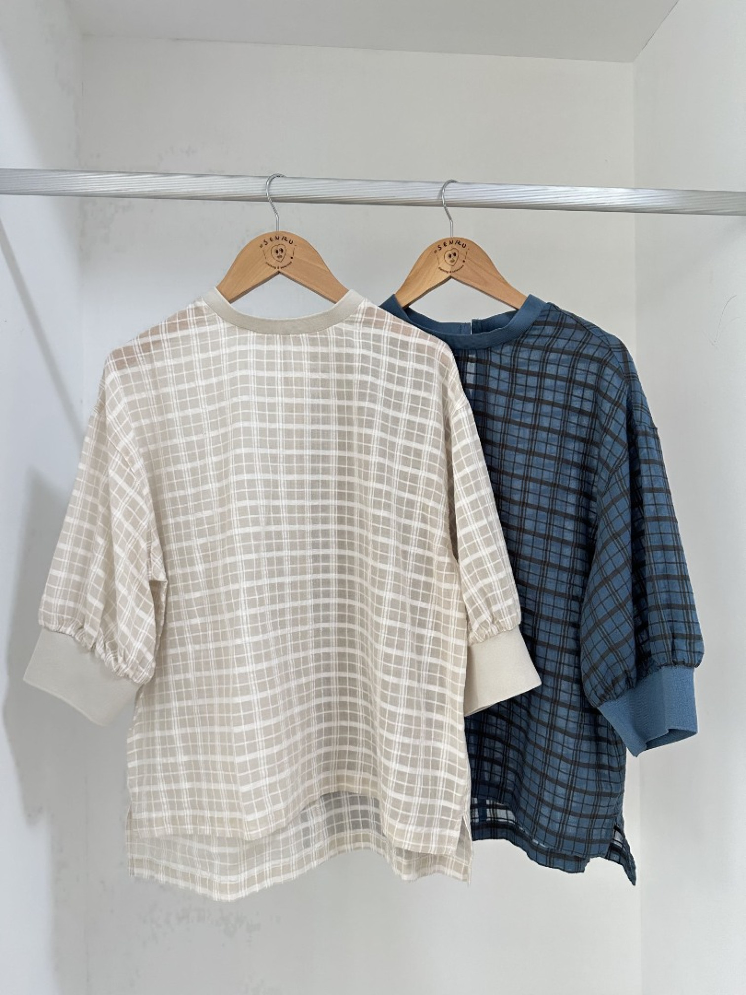 🇯🇵六分袖格紋上衣/藍