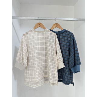 🇯🇵六分袖格紋上衣/藍