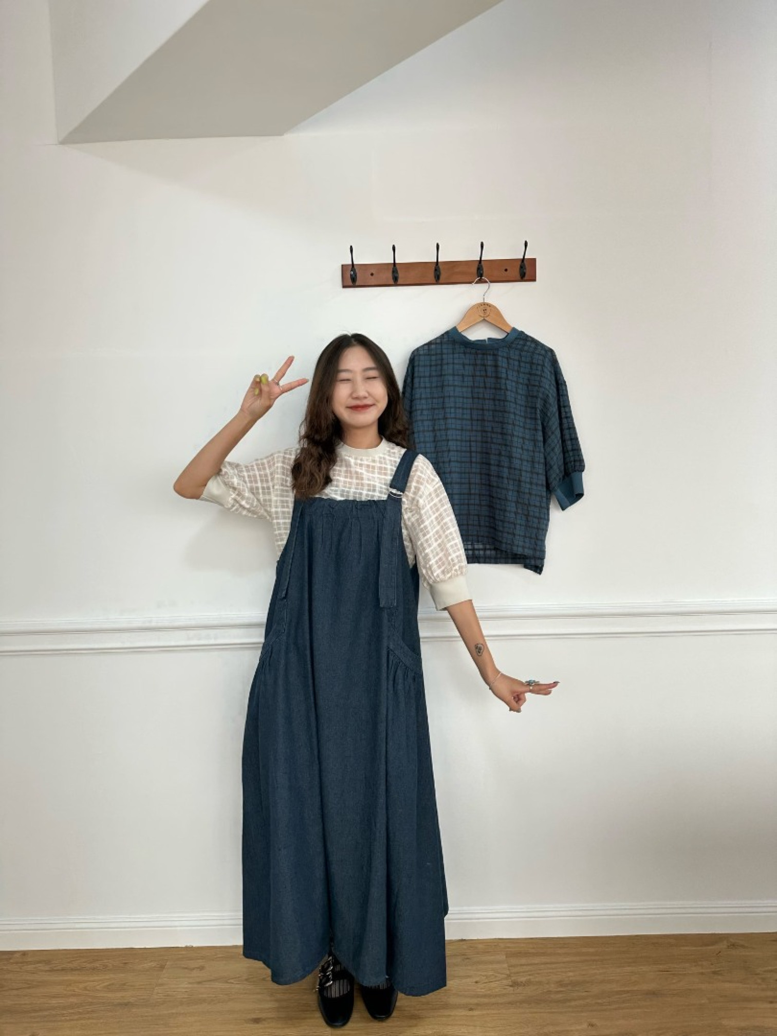 🇯🇵六分袖格紋上衣/藍