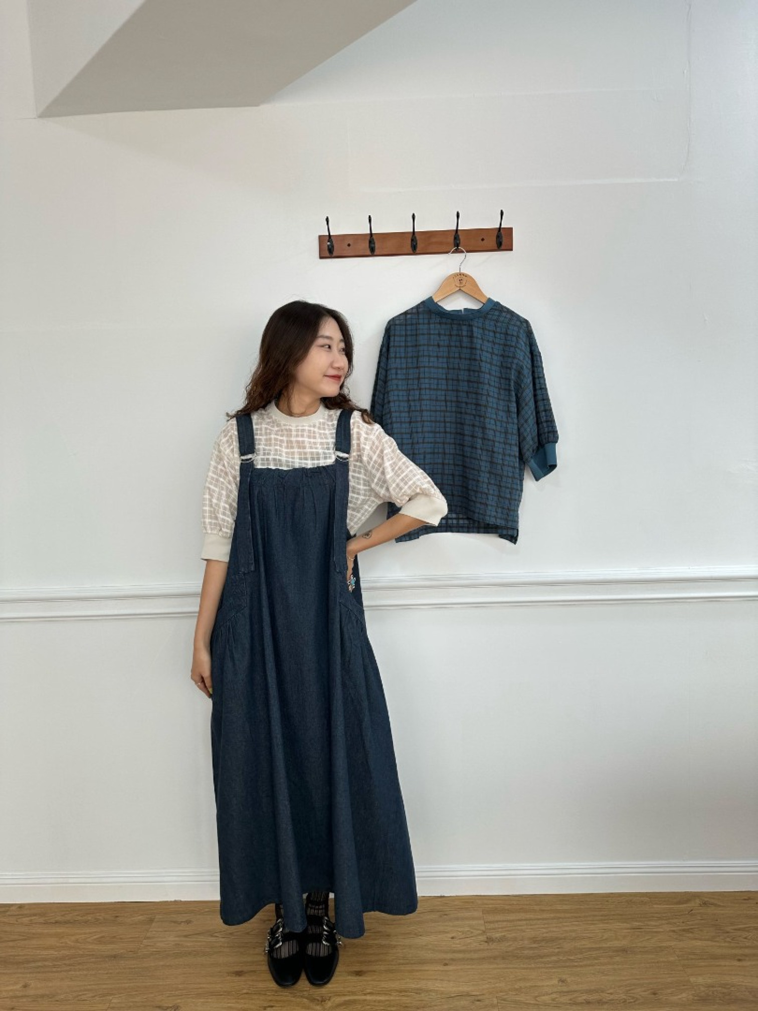 🇯🇵六分袖格紋上衣/藍