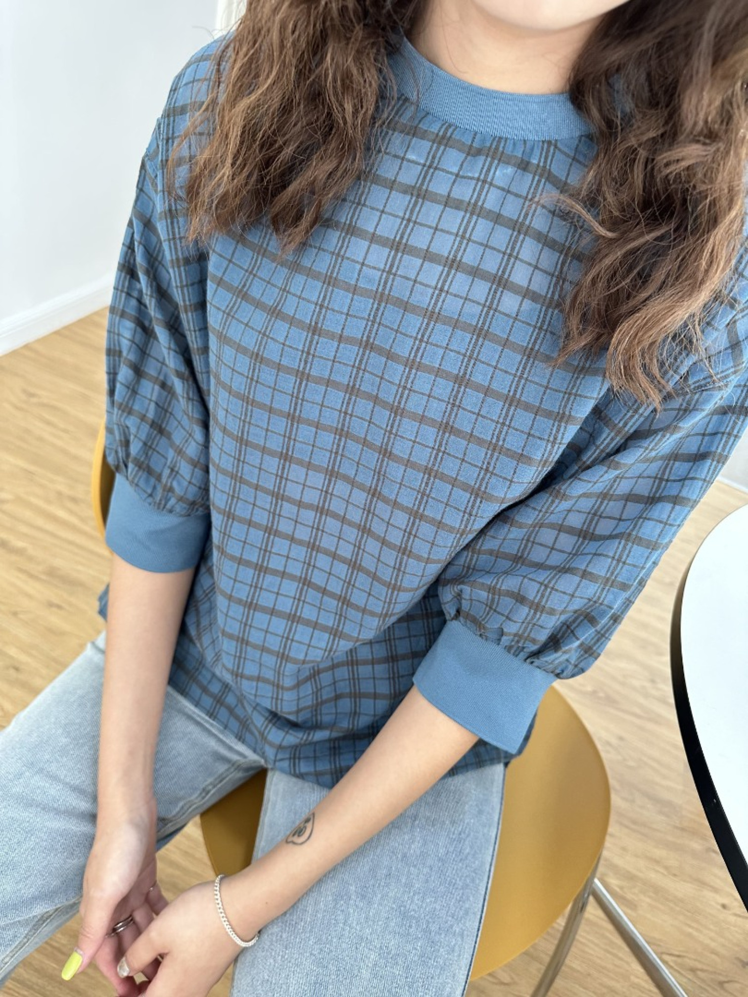 🇯🇵六分袖格紋上衣/藍