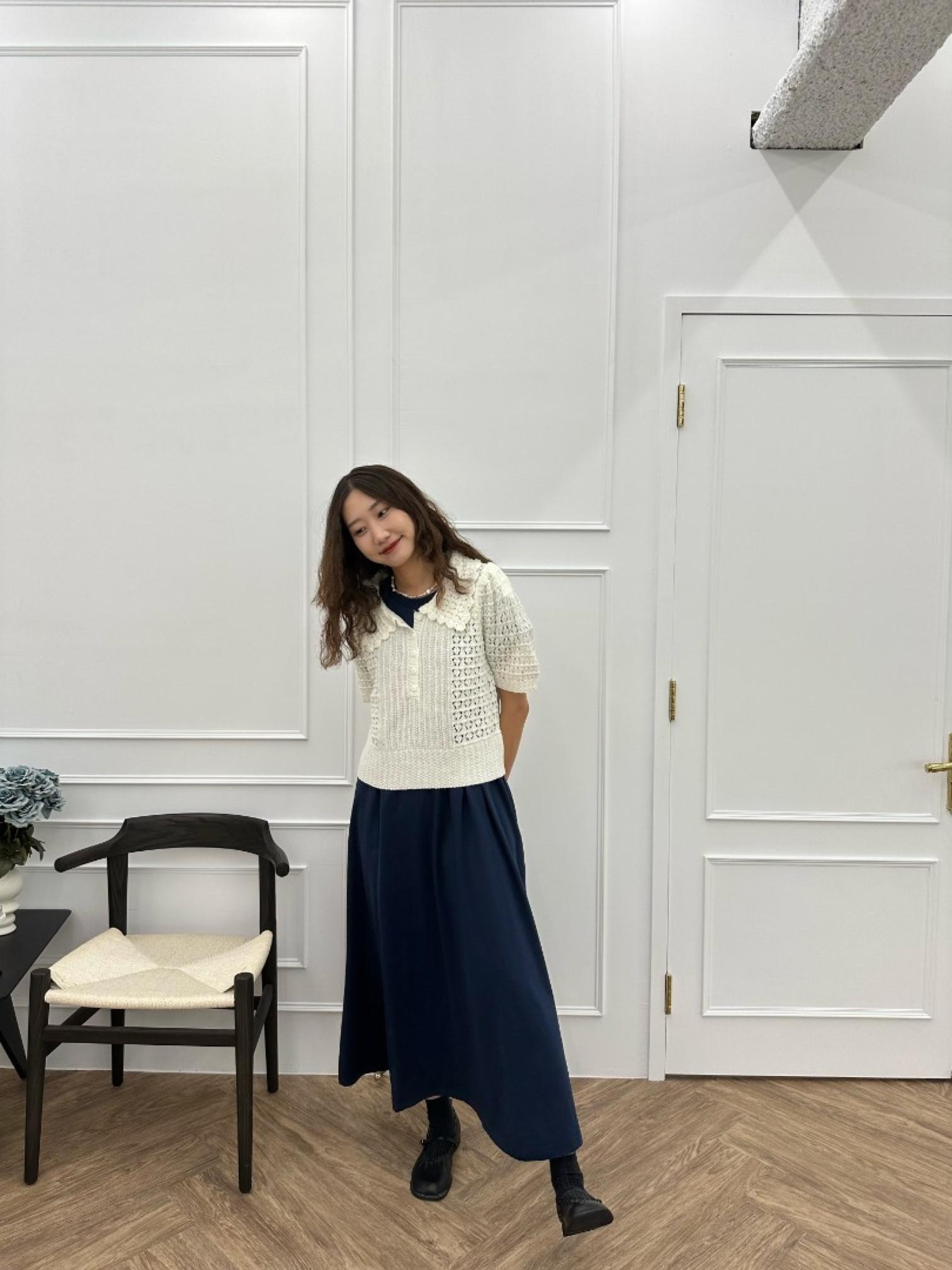 🇯🇵英倫復古的荷葉領針織衫/米