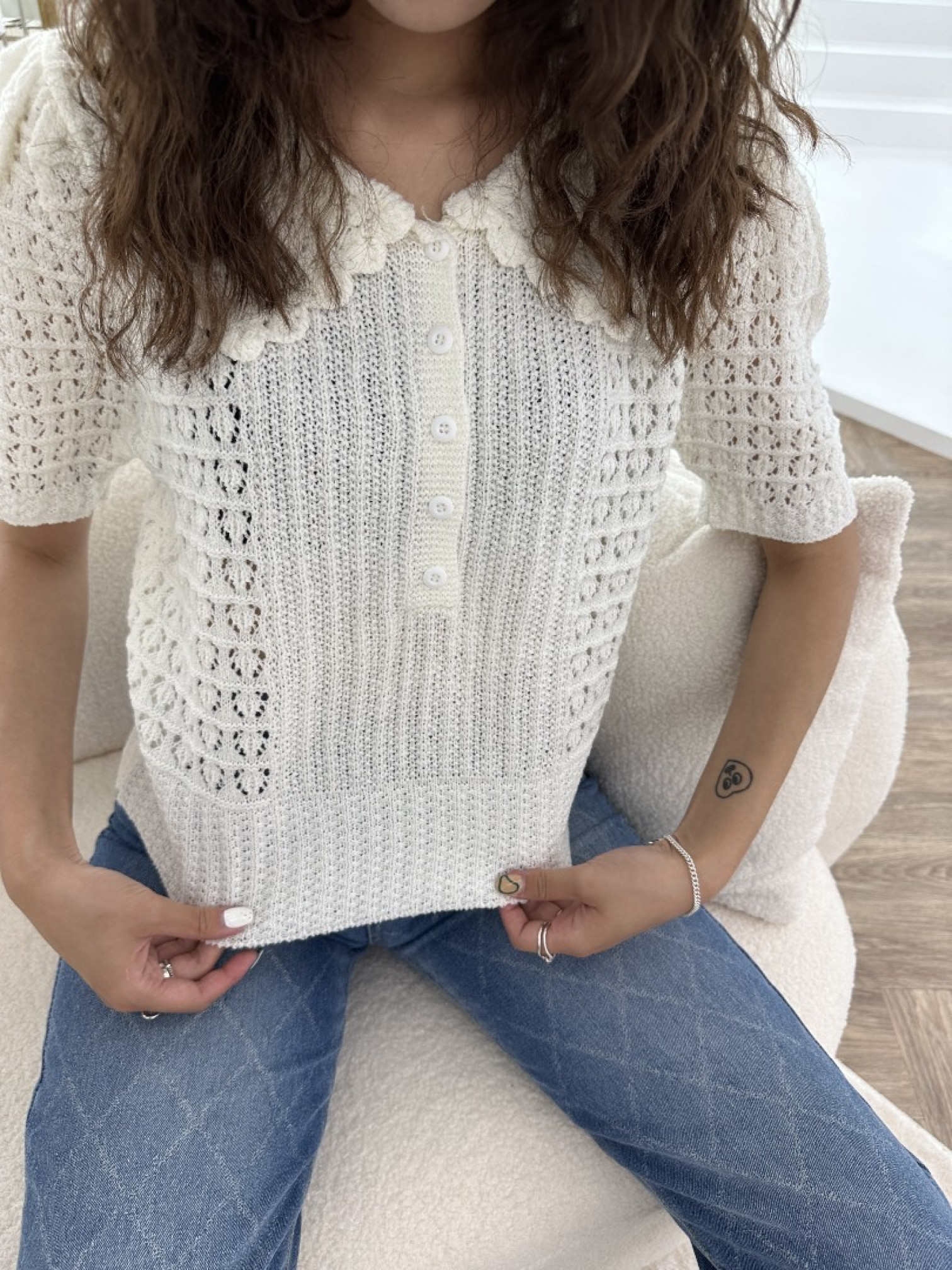 🇯🇵英倫復古的荷葉領針織衫/米