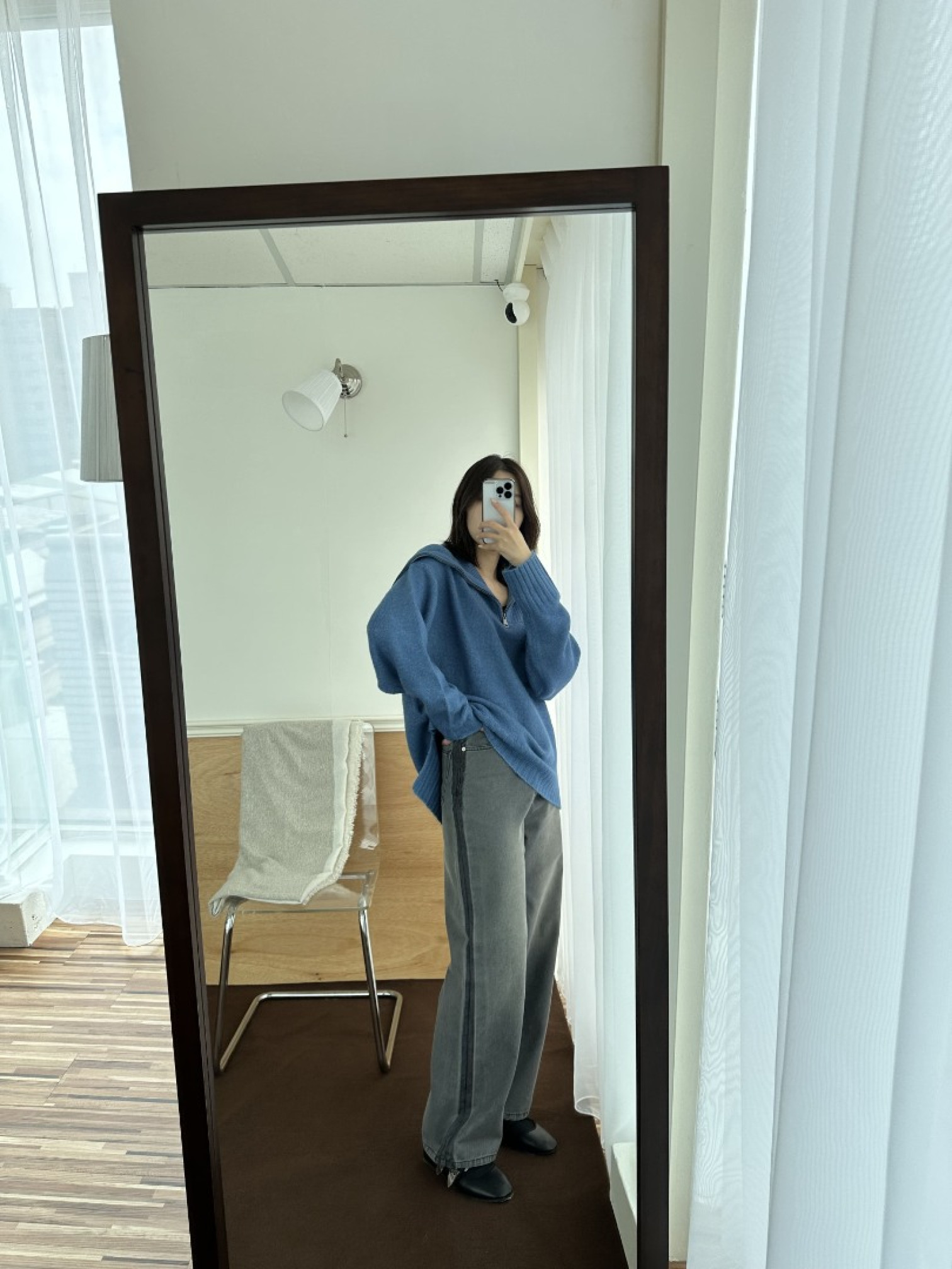 🇯🇵側邊撞色灰色牛仔褲/M