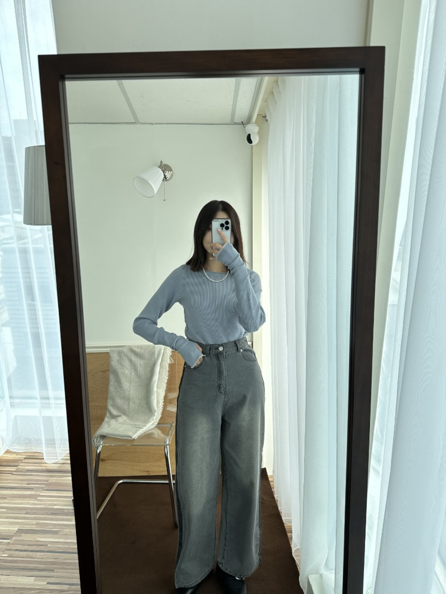 🇯🇵側邊撞色灰色牛仔褲/M