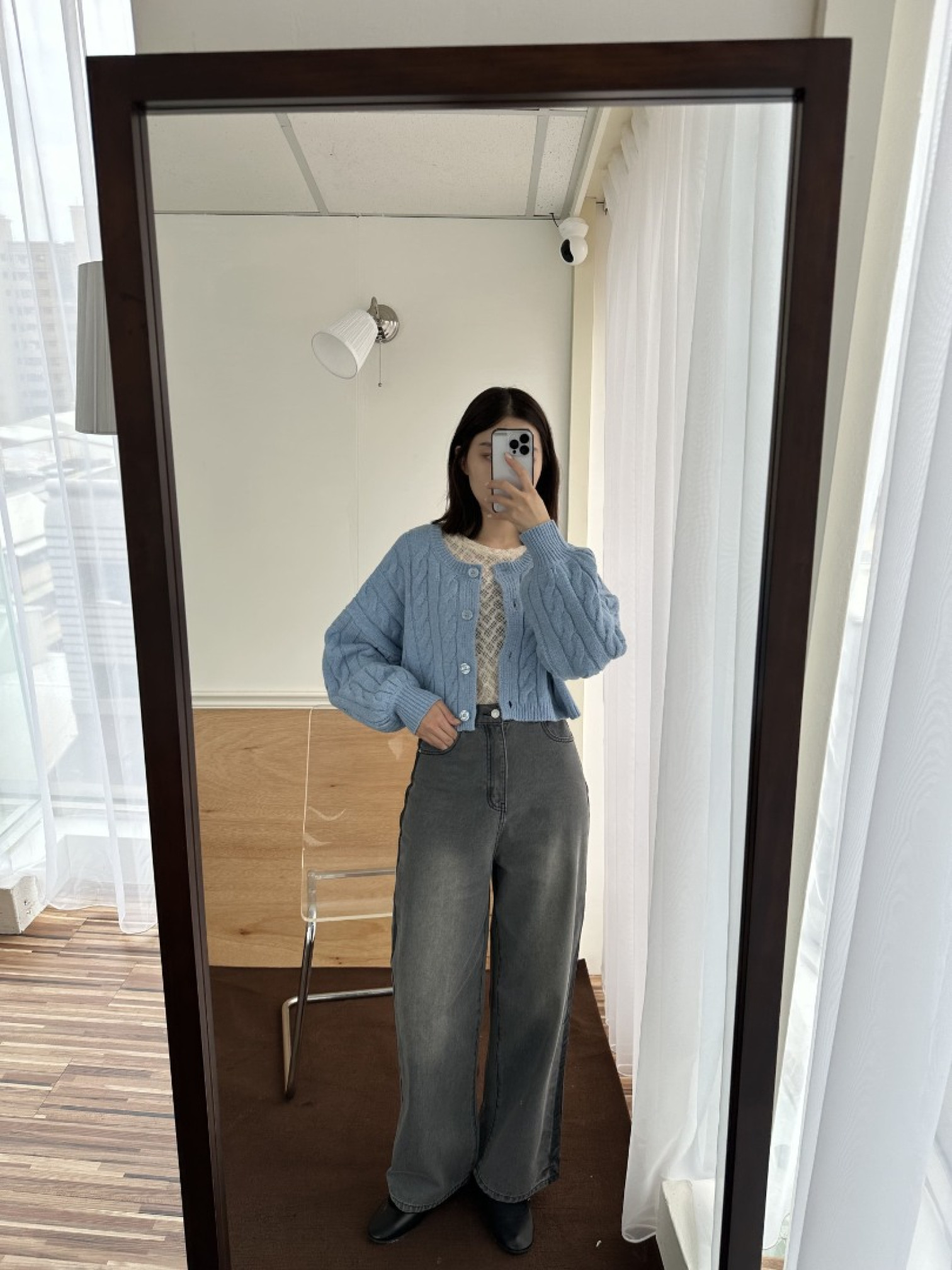 🇯🇵側邊撞色灰色牛仔褲/M