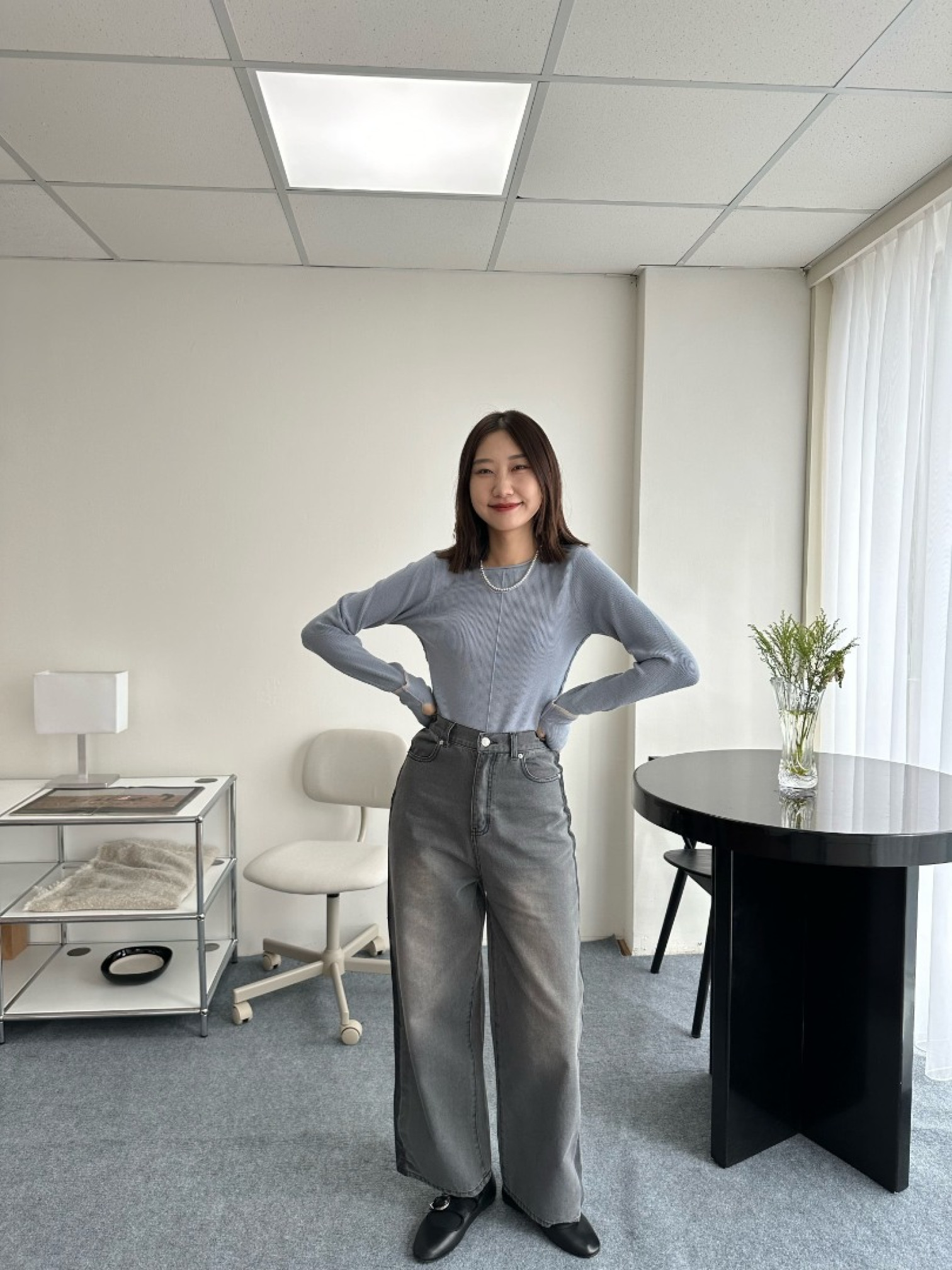 🇯🇵側邊撞色灰色牛仔褲/M