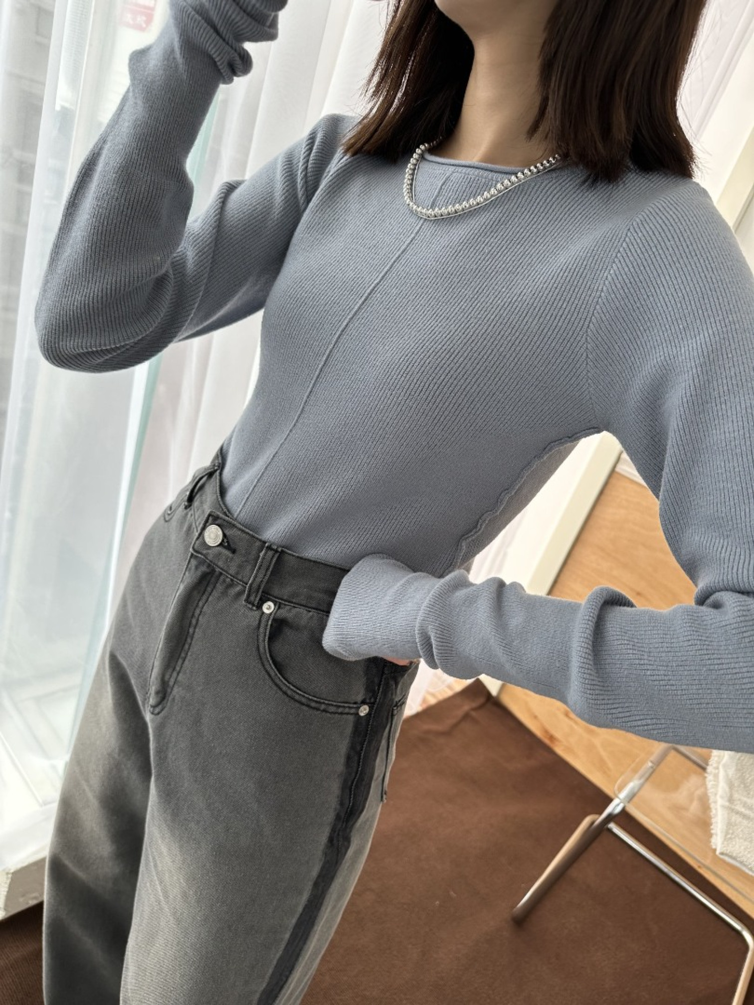 🇯🇵側邊撞色灰色牛仔褲/M