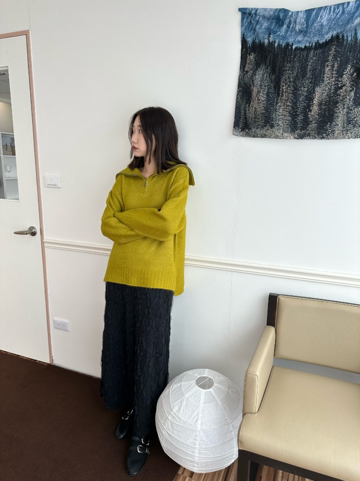 🇯🇵半拉鍊水手領寬鬆針織衫/芥末黃