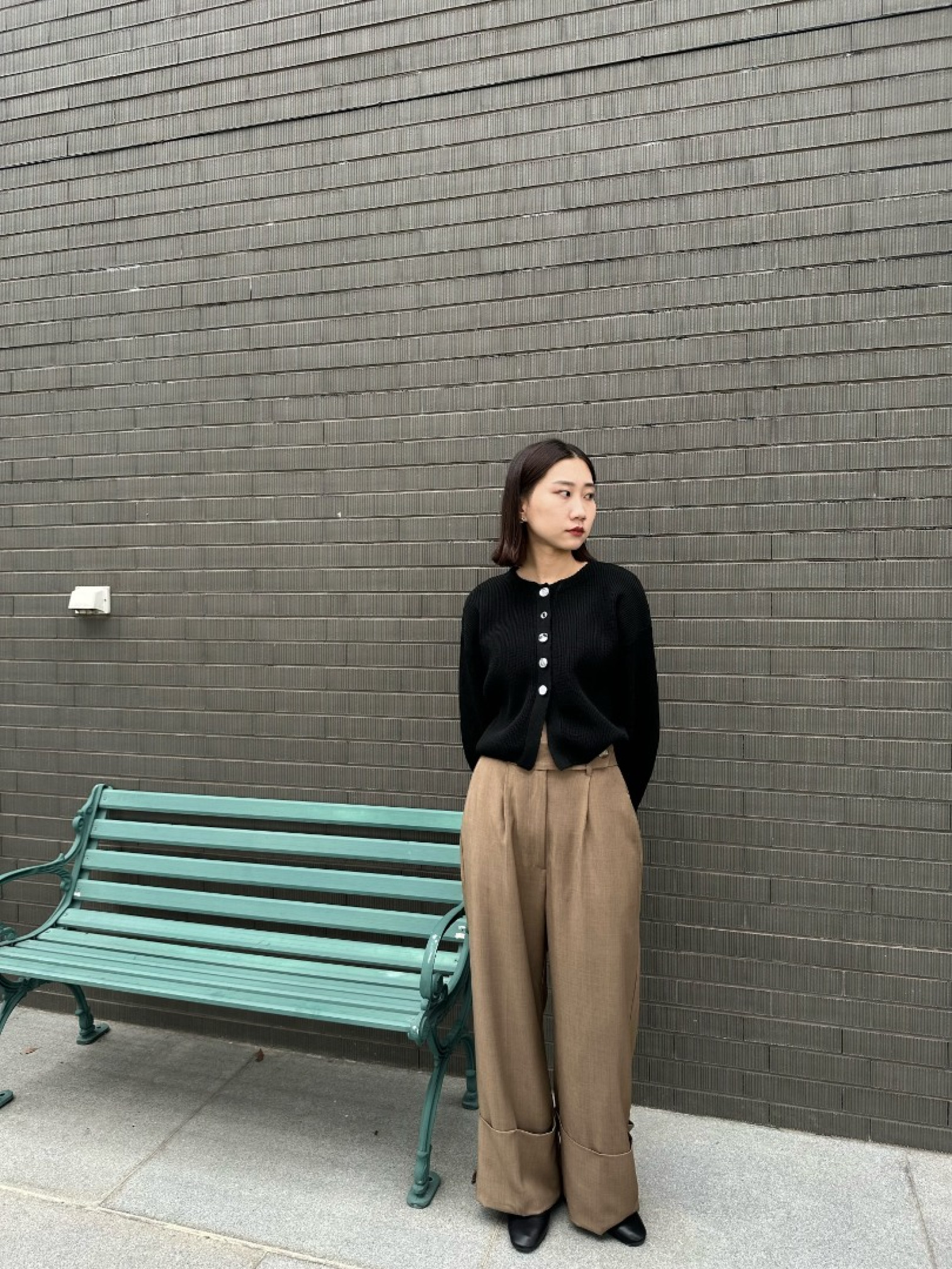 🇯🇵褲管大反摺中線寬褲/棕F