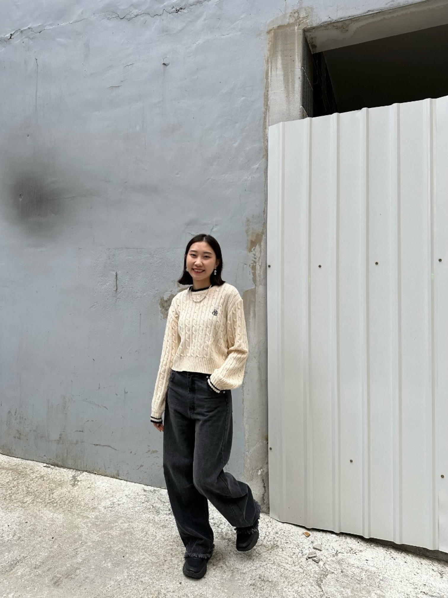 🇯🇵學院風滾邊刺繡針織衫/灰&象牙白