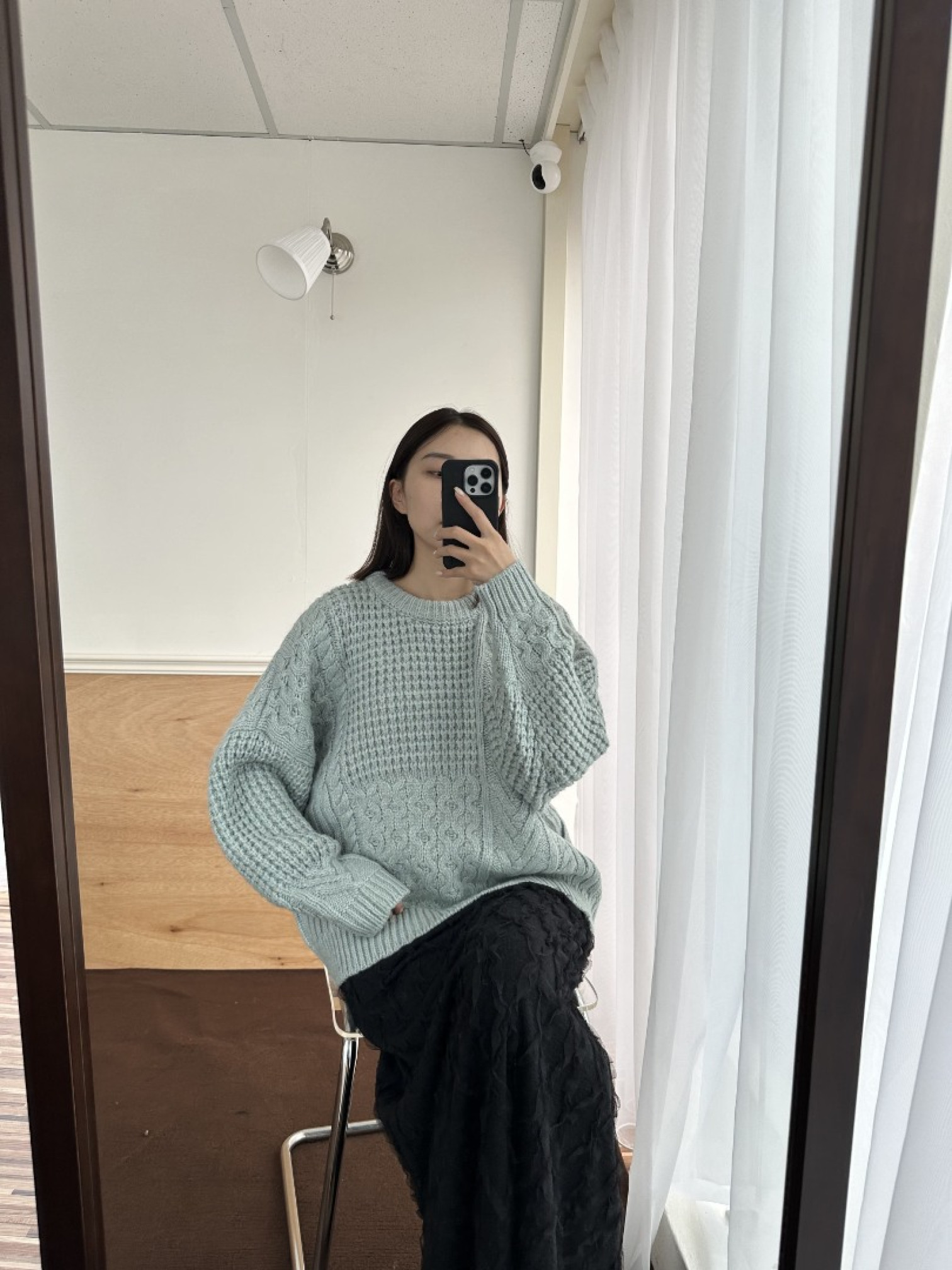 🇯🇵編織拼接圓領粗針織毛衣/莫蘭迪藍&黑