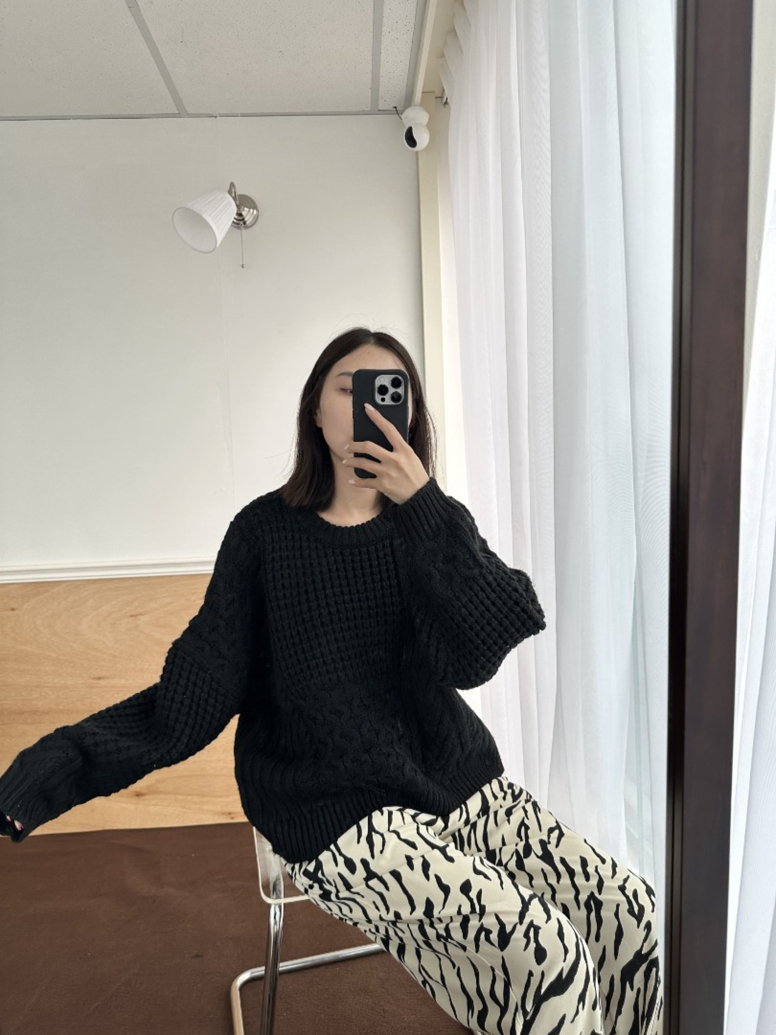 🇯🇵編織拼接圓領粗針織毛衣/莫蘭迪藍&黑