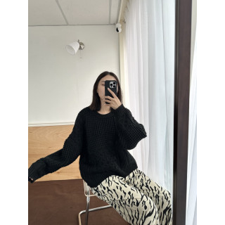 🇯🇵編織拼接圓領粗針織毛衣/莫蘭迪藍&黑