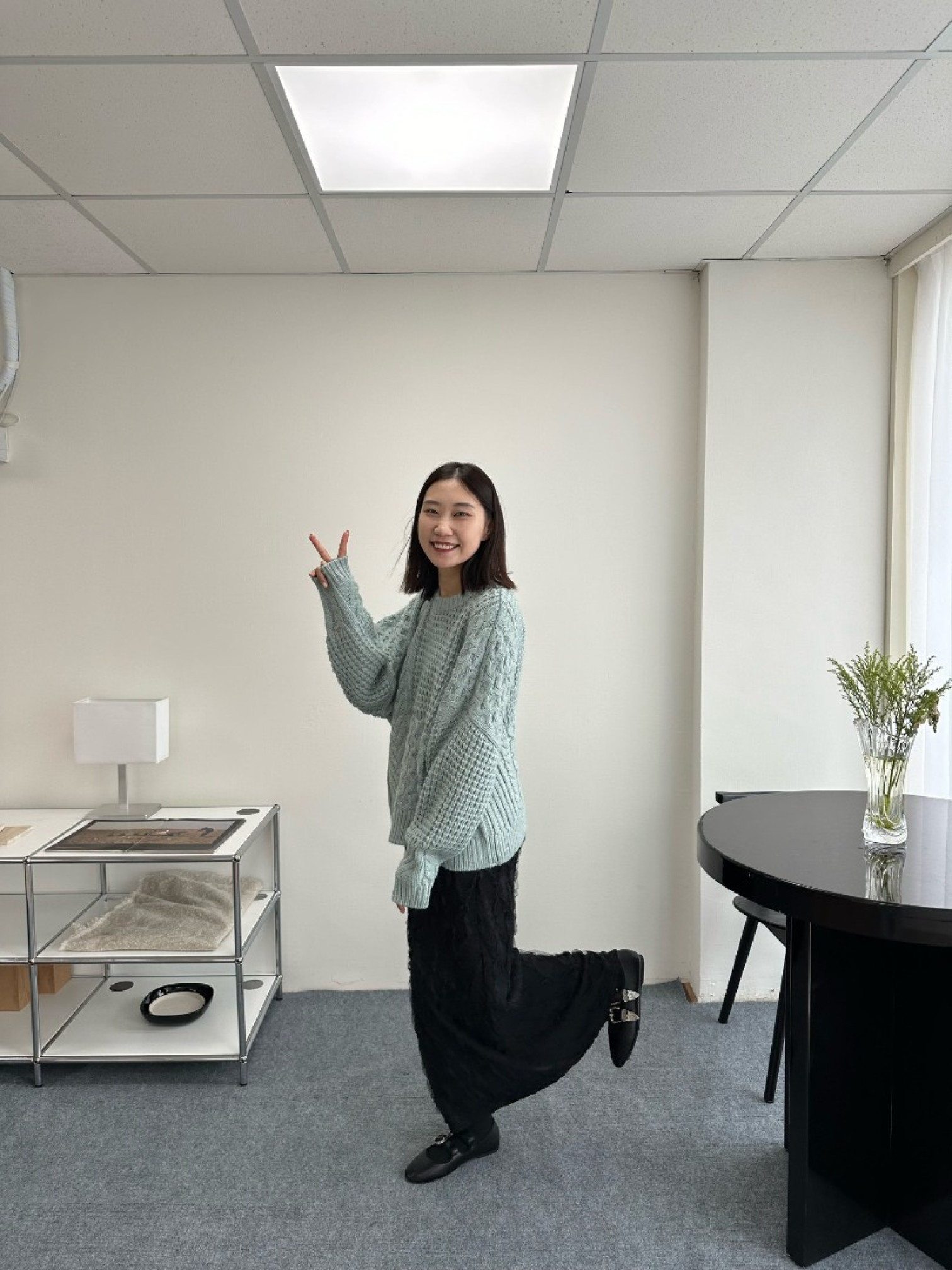 🇯🇵編織拼接圓領粗針織毛衣/莫蘭迪藍&黑