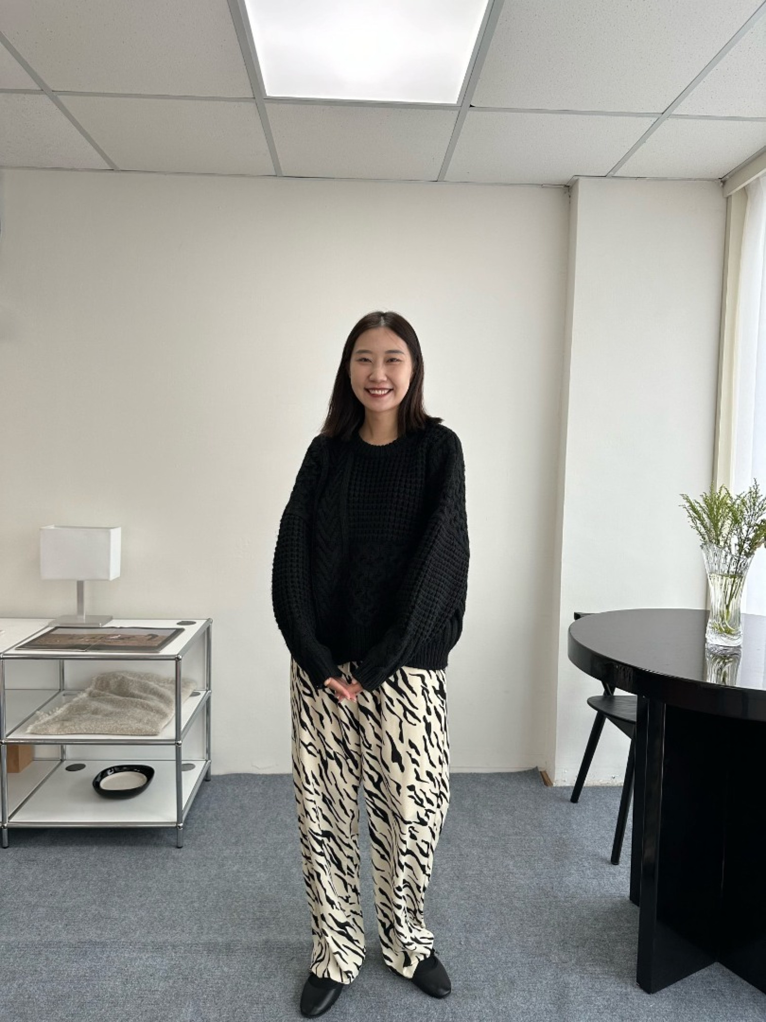 🇯🇵編織拼接圓領粗針織毛衣/莫蘭迪藍&黑