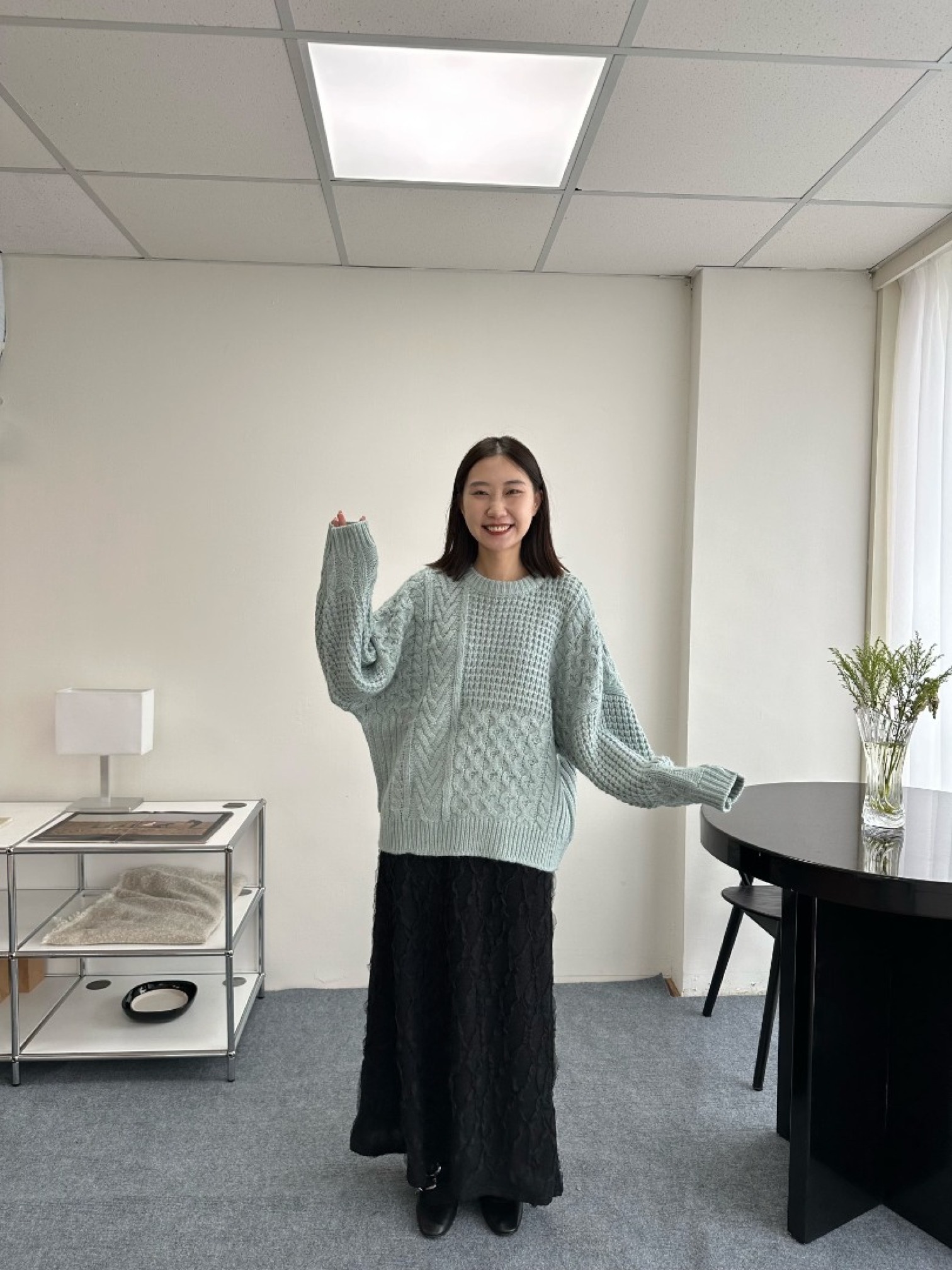 🇯🇵編織拼接圓領粗針織毛衣/莫蘭迪藍&黑