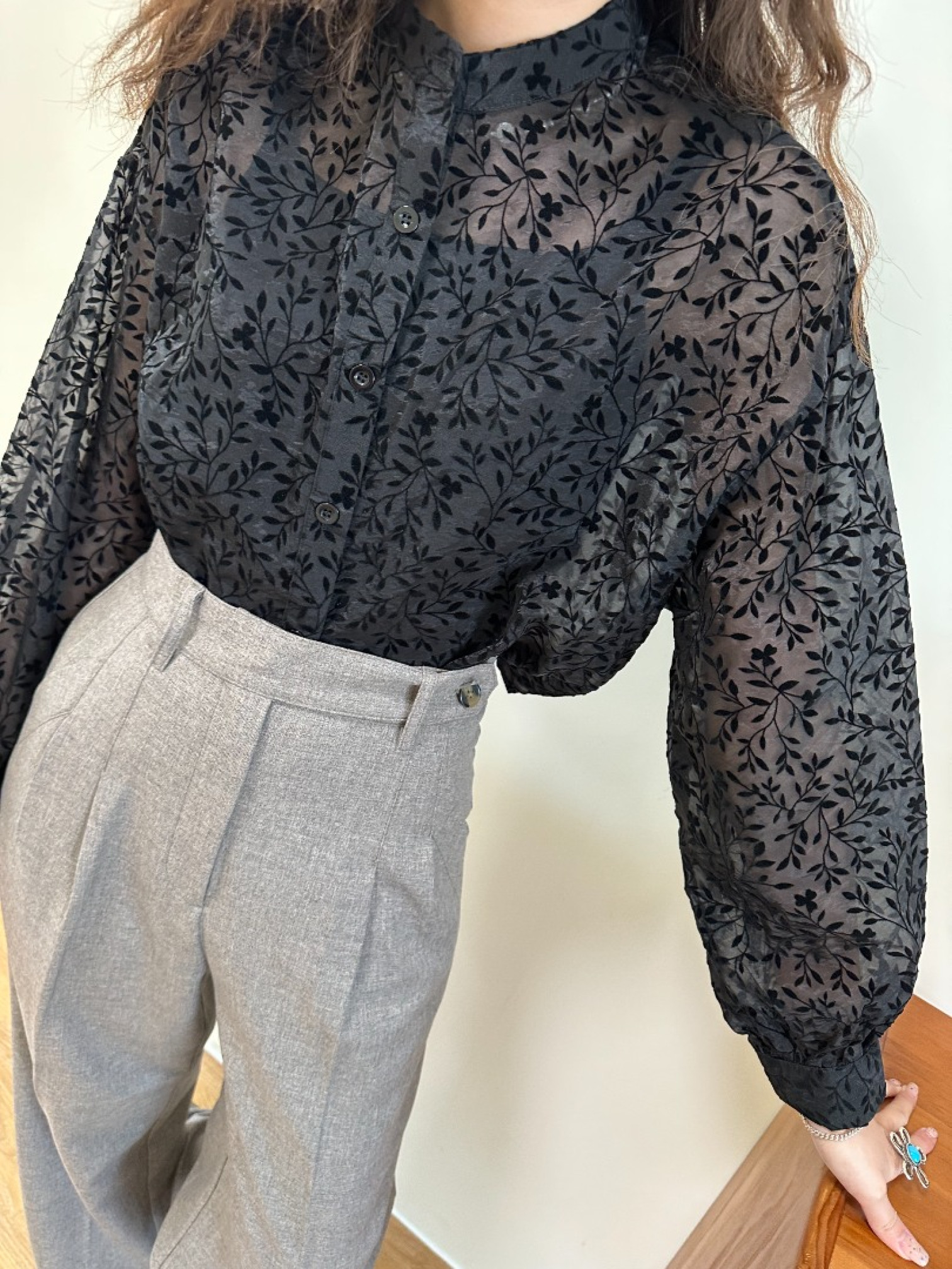 🇯🇵復古花草短版襯衫/黑