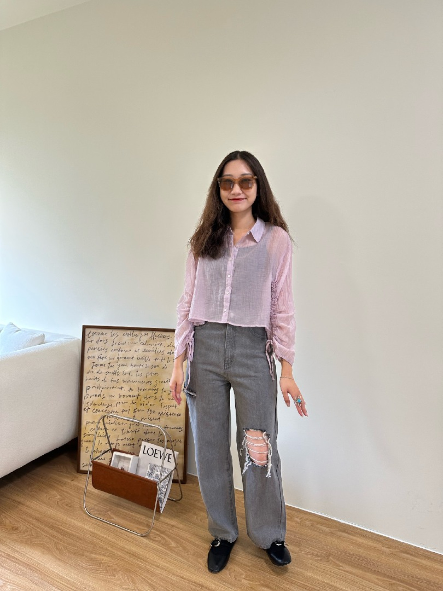 🇯🇵袖子抽皺透明短版襯衫/黃