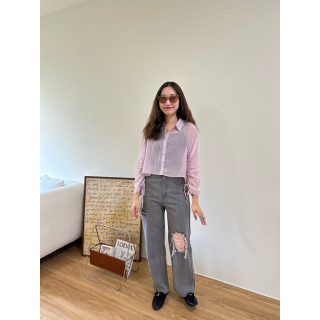 🇯🇵袖子抽皺透明短版襯衫/黃