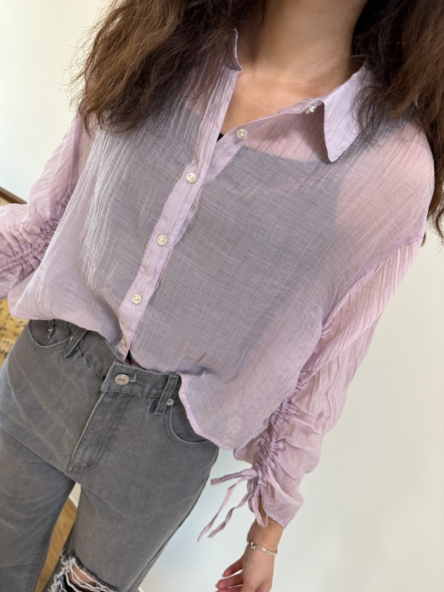 🇯🇵袖子抽皺透明短版襯衫/黃