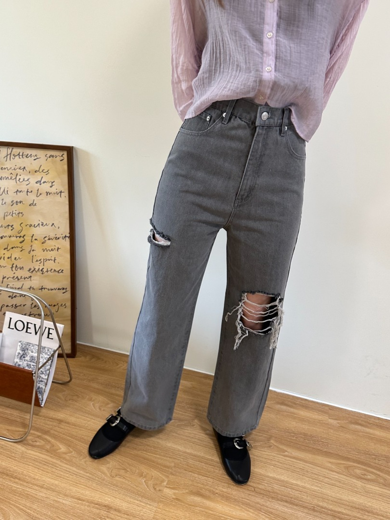 🇯🇵鐵灰色破洞高腰牛仔褲/M