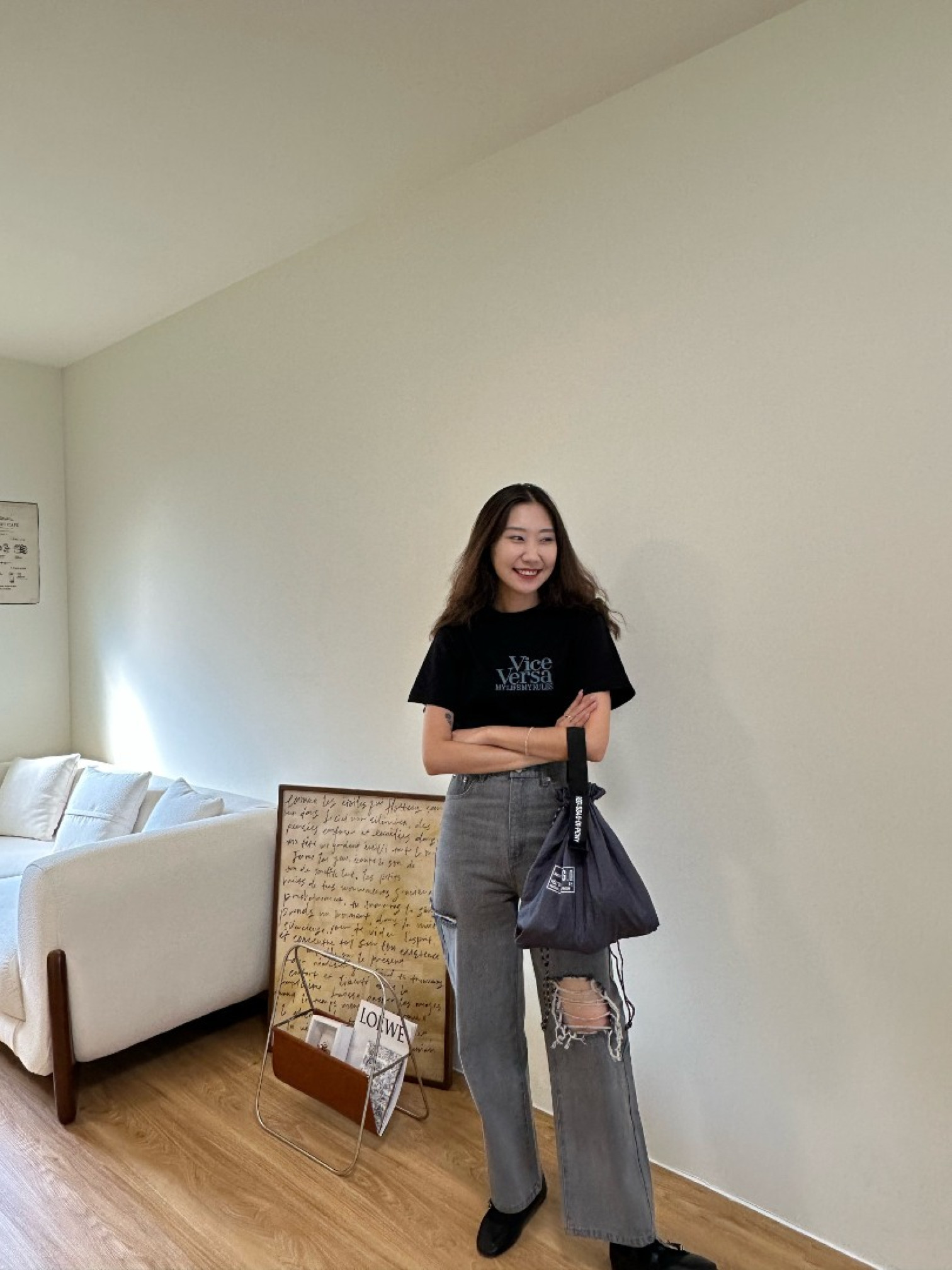 🇯🇵鐵灰色破洞高腰牛仔褲/M