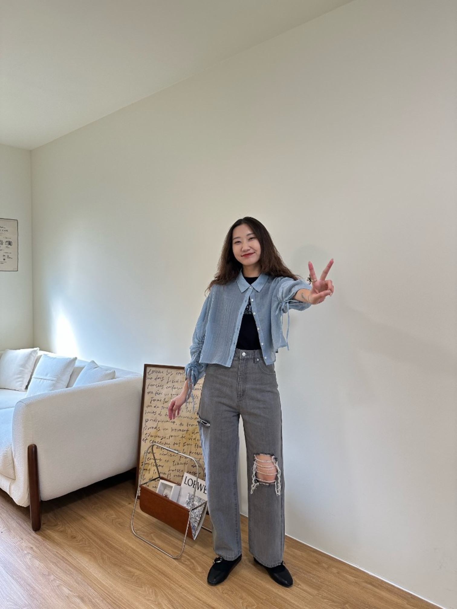 🇯🇵鐵灰色破洞高腰牛仔褲/M