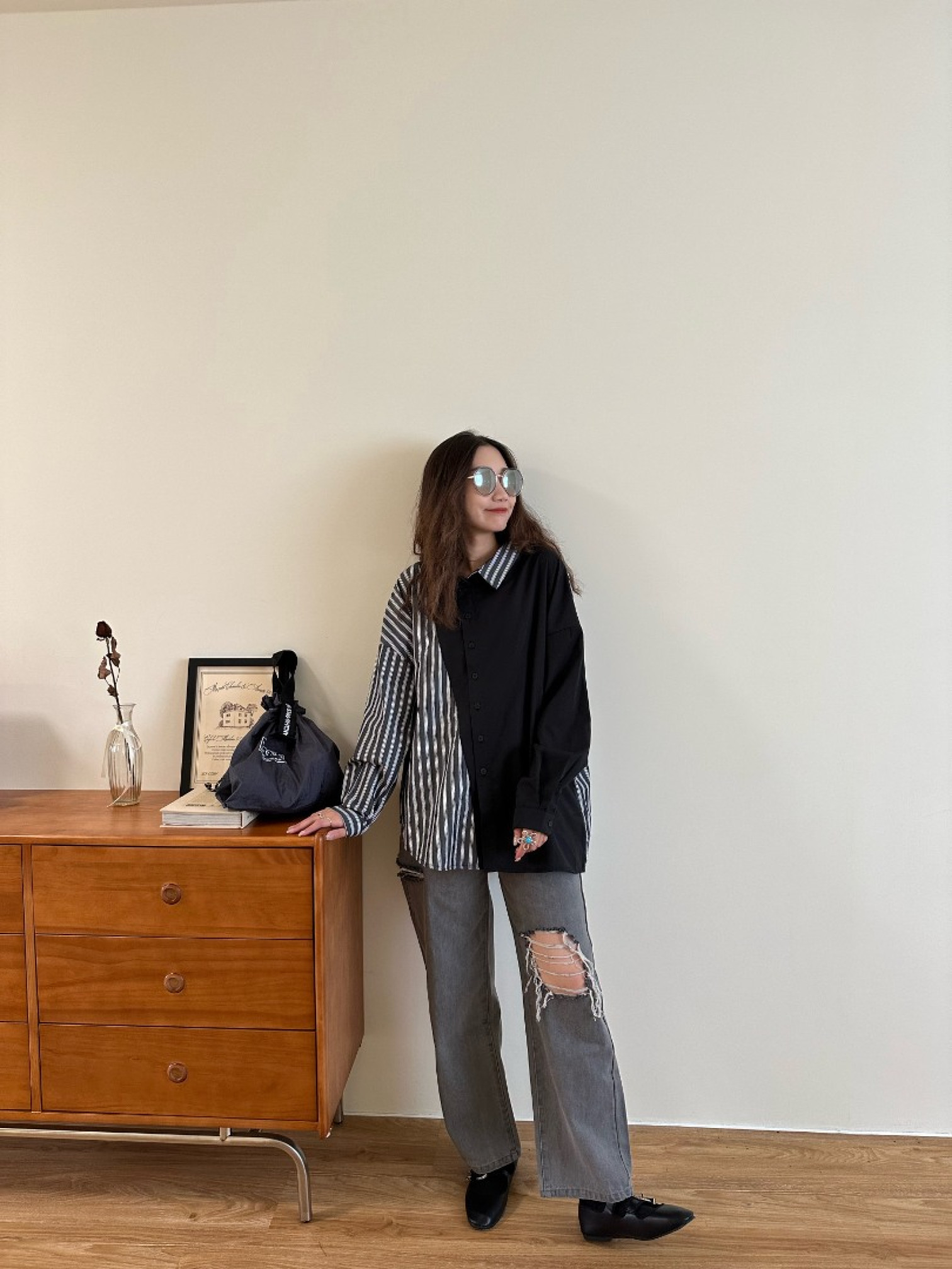 🇯🇵鐵灰色破洞高腰牛仔褲/M