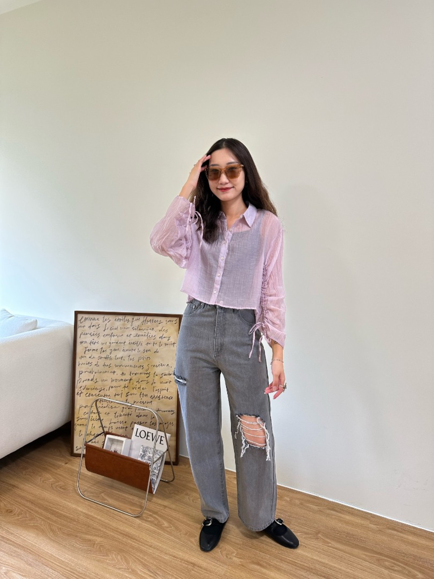 🇯🇵鐵灰色破洞高腰牛仔褲/M