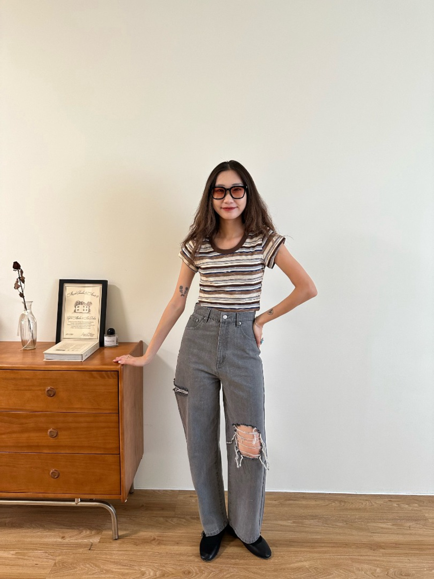 🇯🇵鐵灰色破洞高腰牛仔褲/M