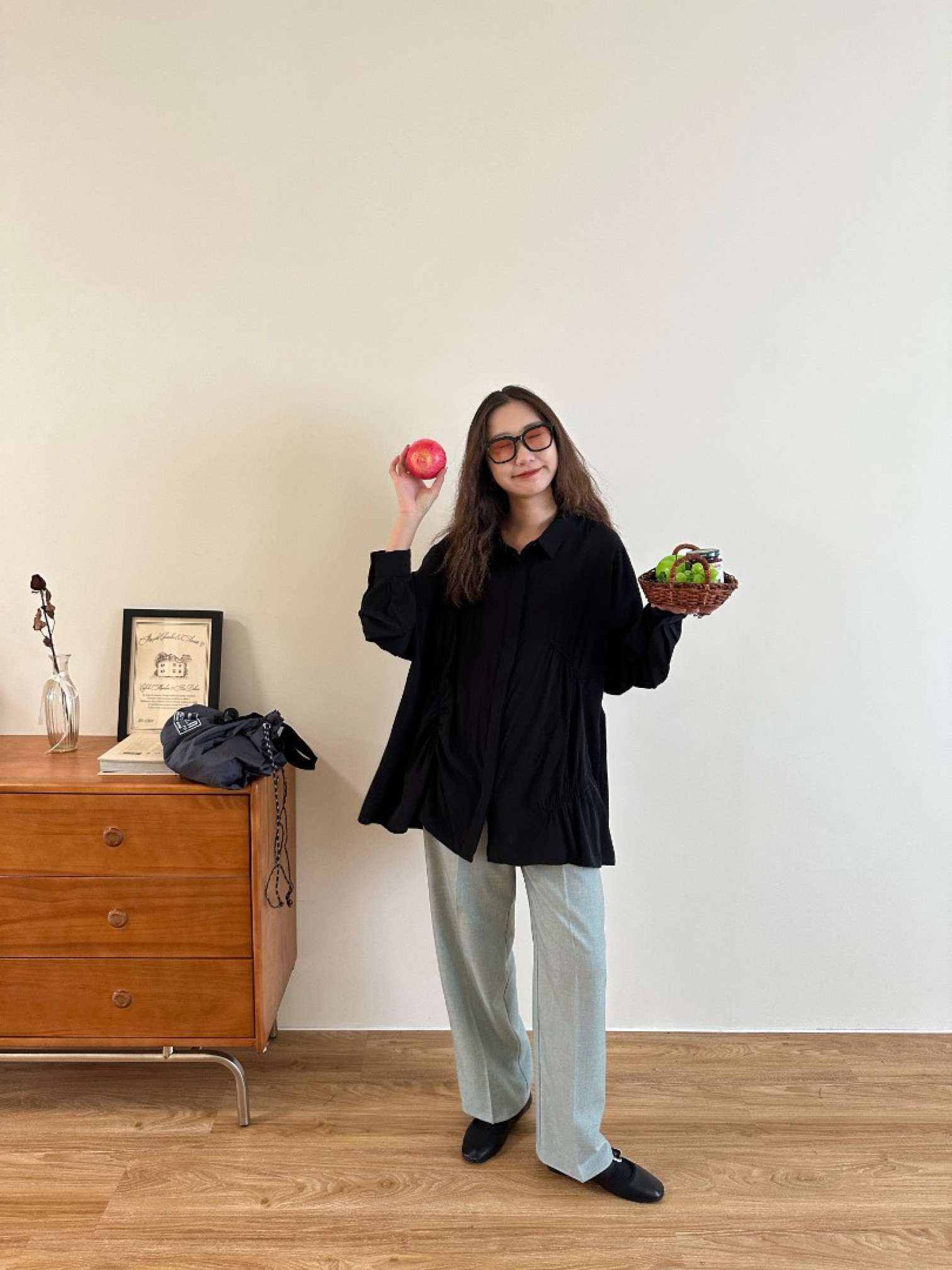 🇯🇵抓皺時尚絲滑襯衫/黑