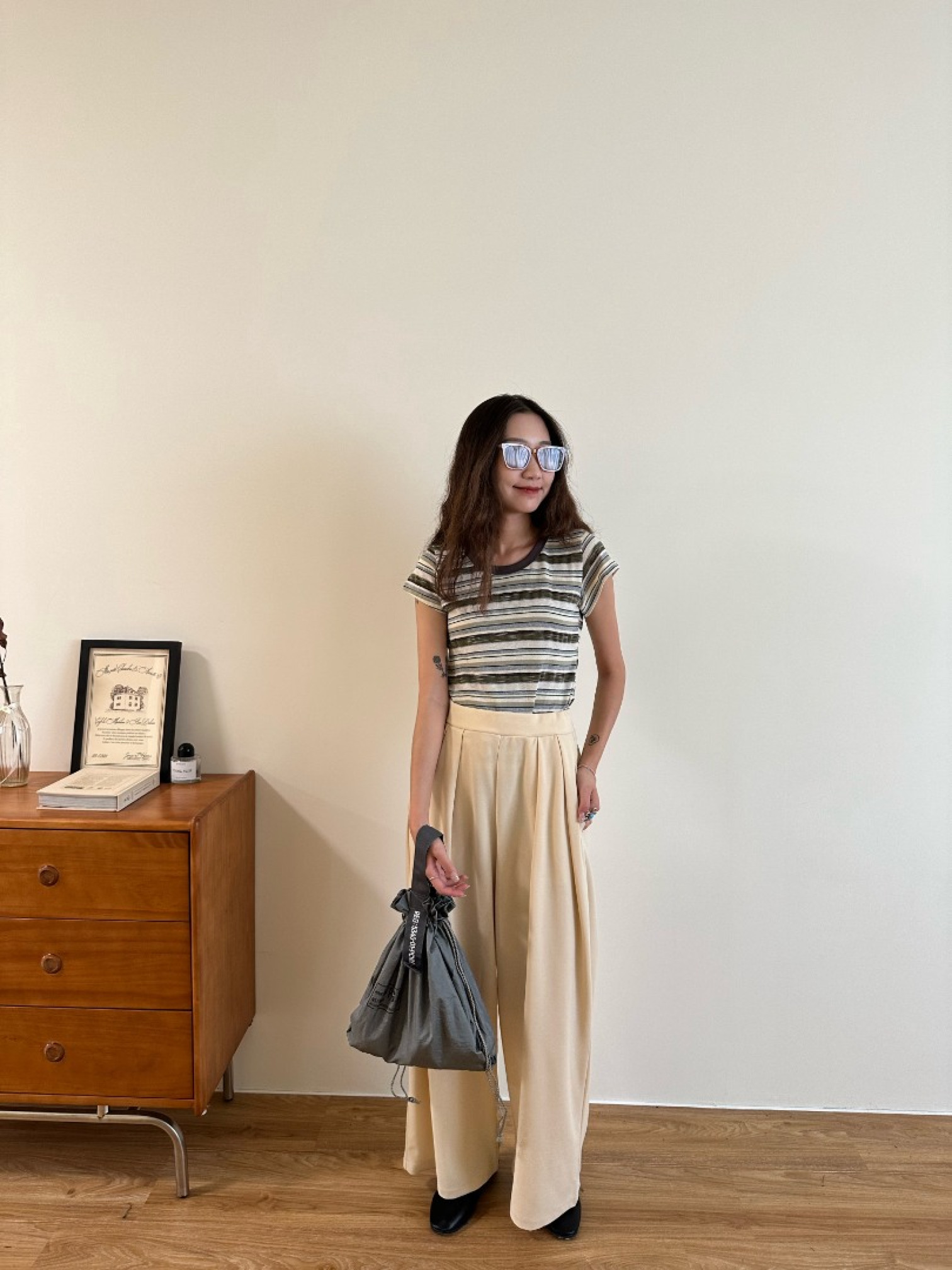 🇯🇵舒適抓褶落地棉寬褲/米