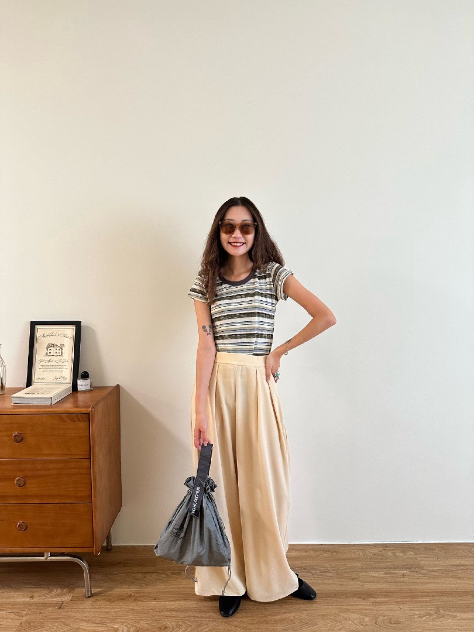 🇯🇵舒適抓褶落地棉寬褲/米