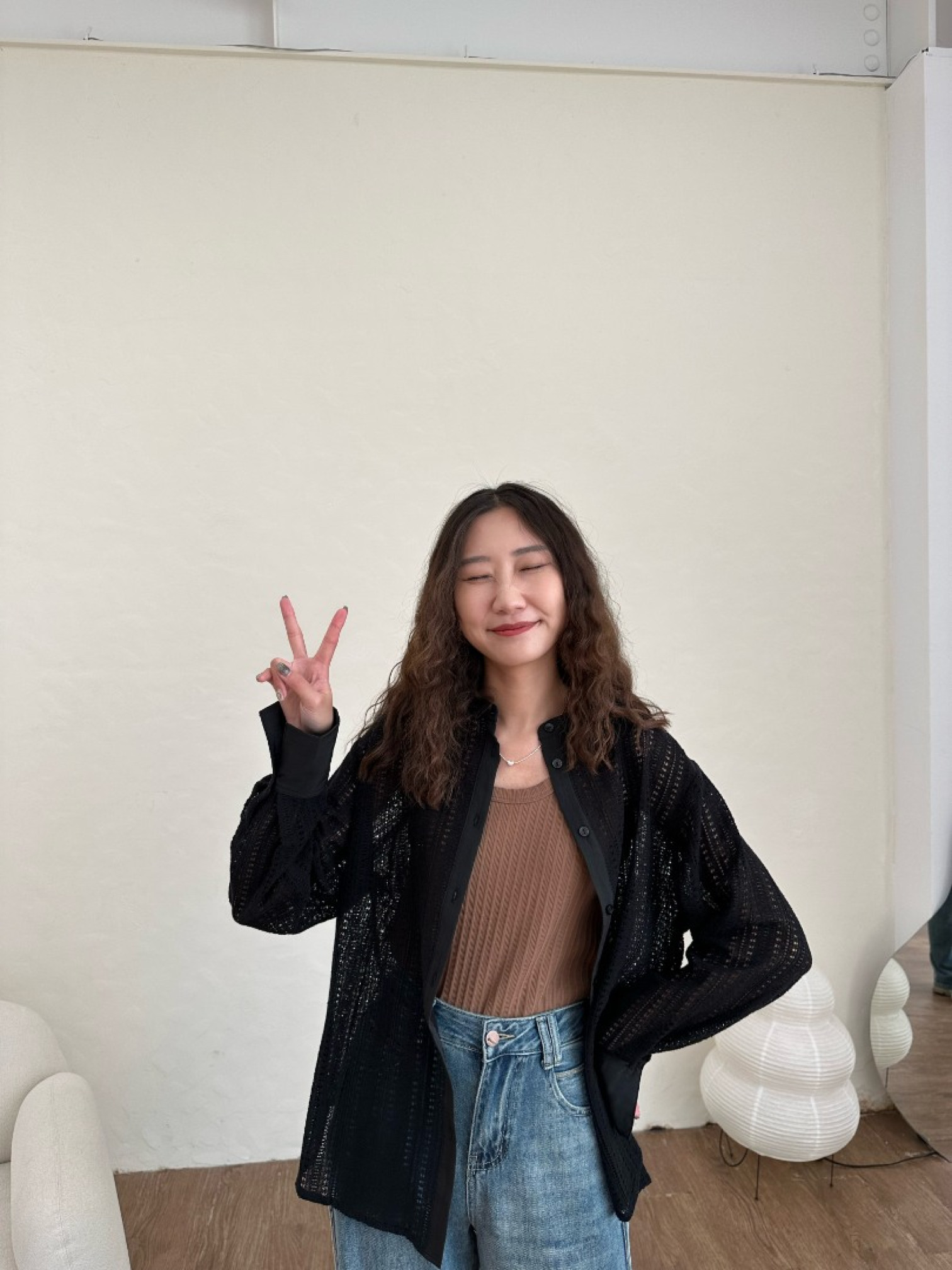 🇯🇵中山領雕花長袖襯衫/米&黑